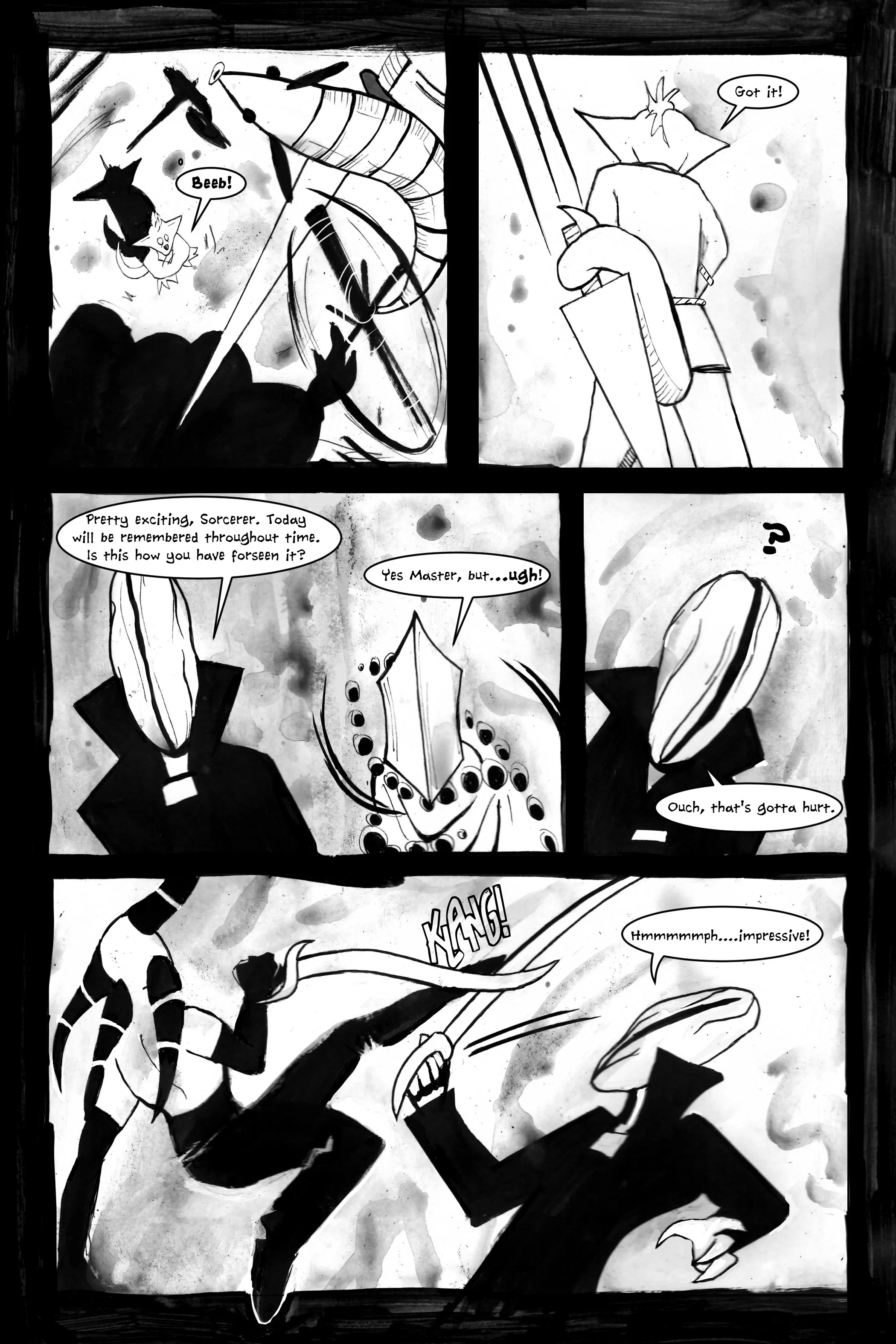 Black and white comic page with characters in a battle, featuring dialogue between a master and sorcerer with phrases like "Pretty exciting, Sorcerer" and "Got it!". One panel shows action with sound effect "KLANG!".