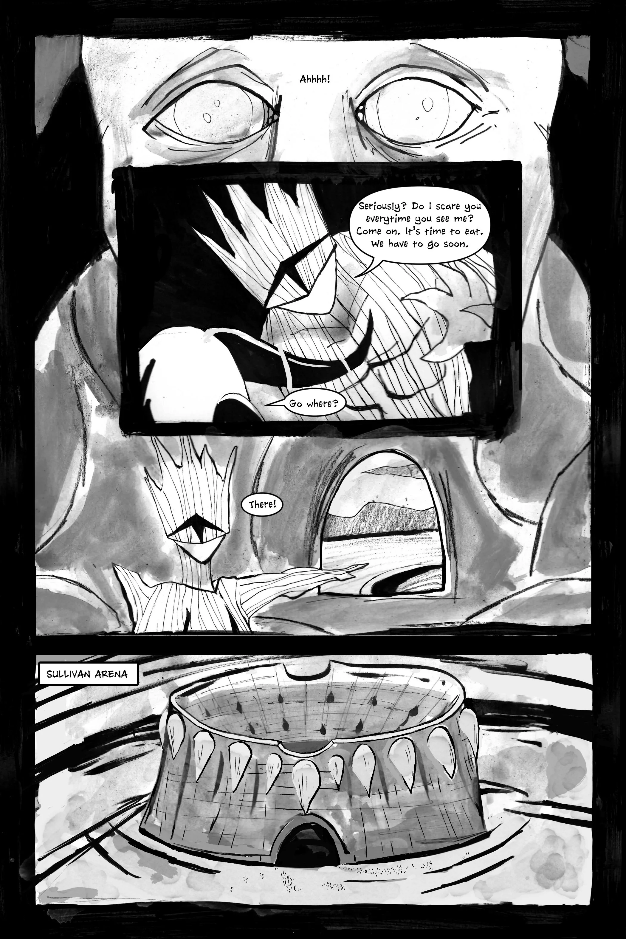 Black and white comic page with three panels featuring a startled character, a conversation about food, and reference to "Sullivan Arena." The third panel shows an arena-like structure with spikes and an entrance.