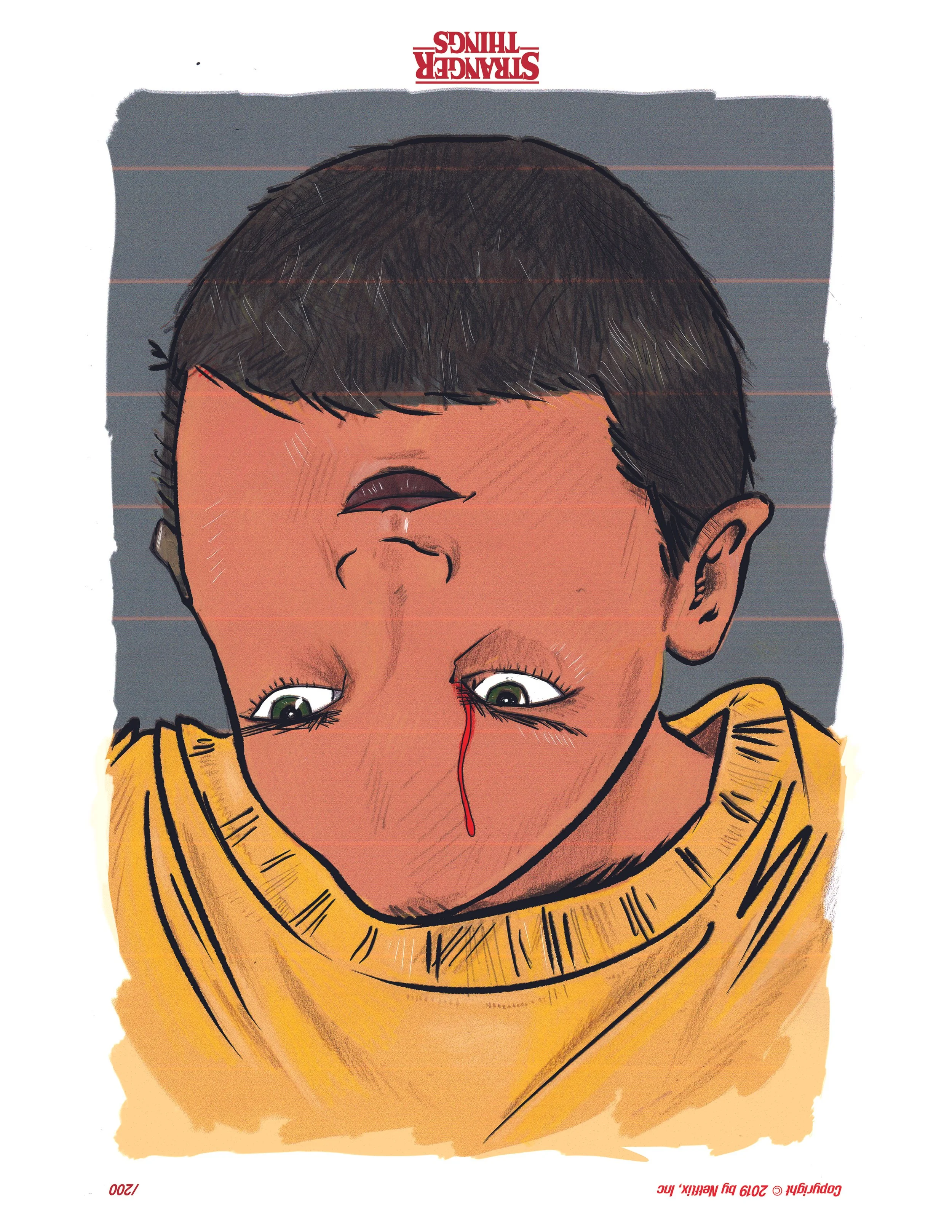 An illustrated boy with dark hair and a yellow shirt, shown upside down with a sad expression, a tear and blood coming from his nose.