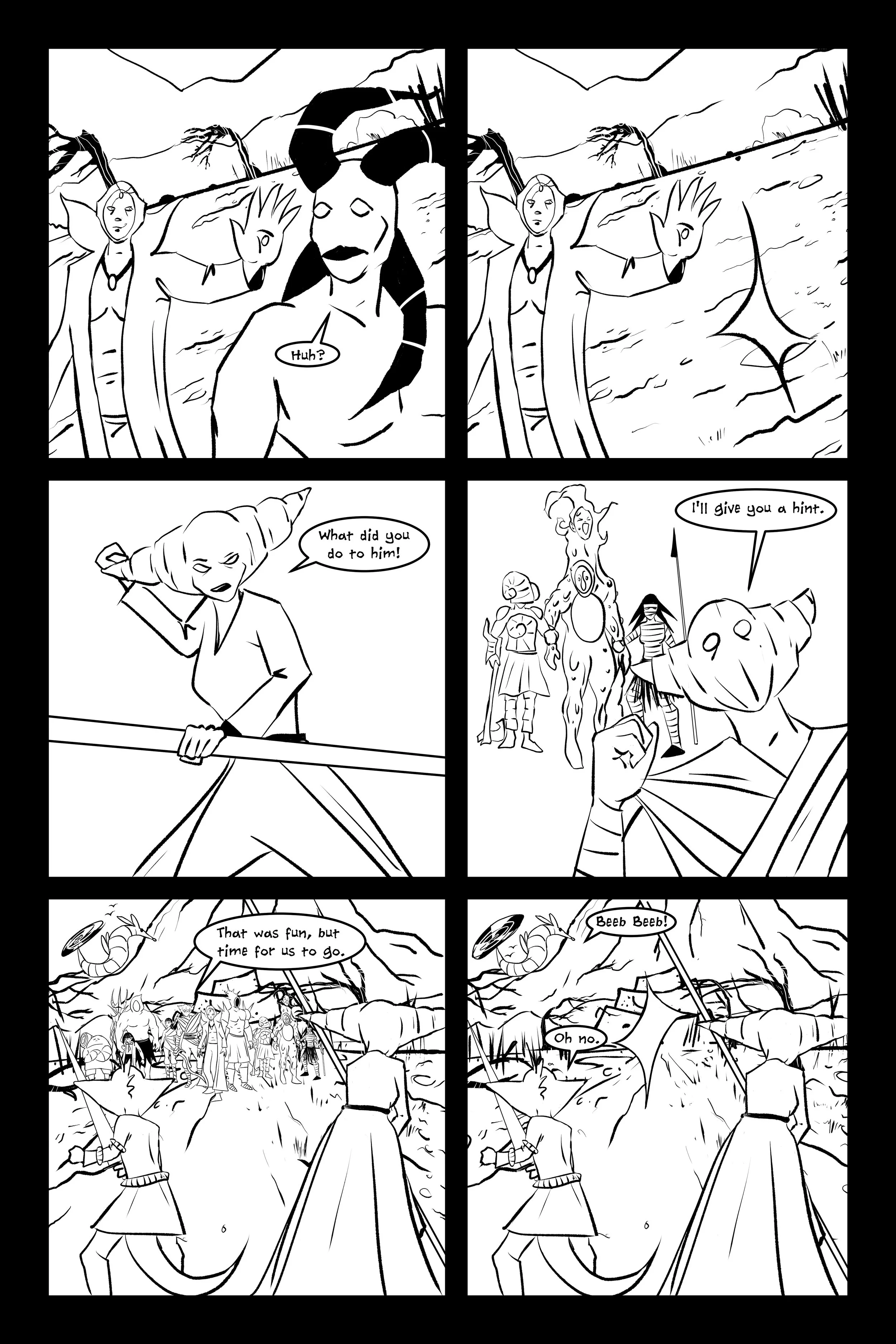 Black and white comic strip with six panels. In the first panel, three characters look at the wilderness; one with an elf-like ear, another with a horn, and a woman with a mustache. The second panel shows the elf-like character raising a hand. In the