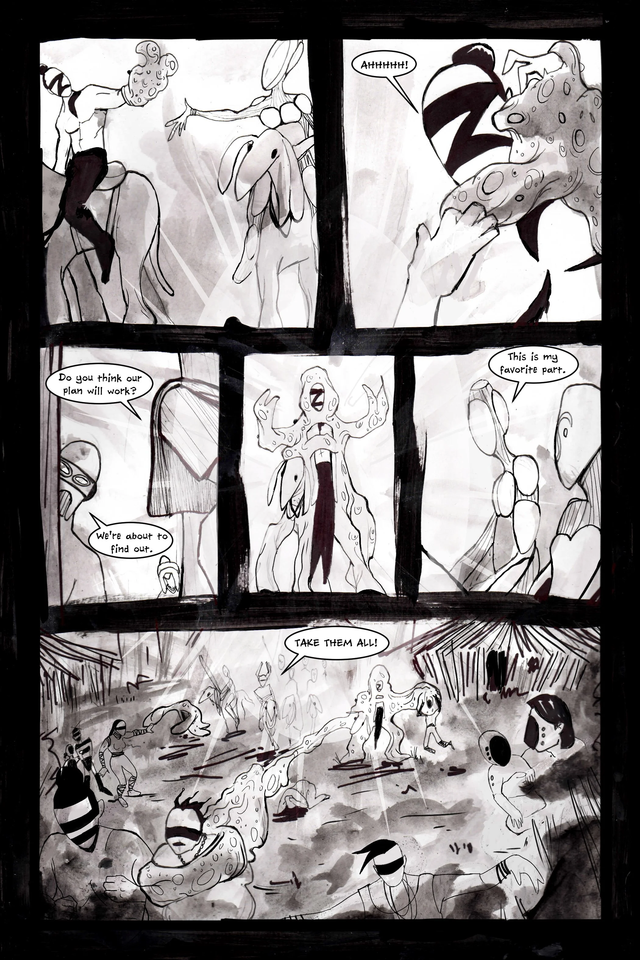 Monochrome comic depicting a fantasy battle scene with various characters engaged in an intense confrontation. Top panels show characters on horseback, dialogue includes expressions of fear and anticipation. Middle panels focus on a large creature, d