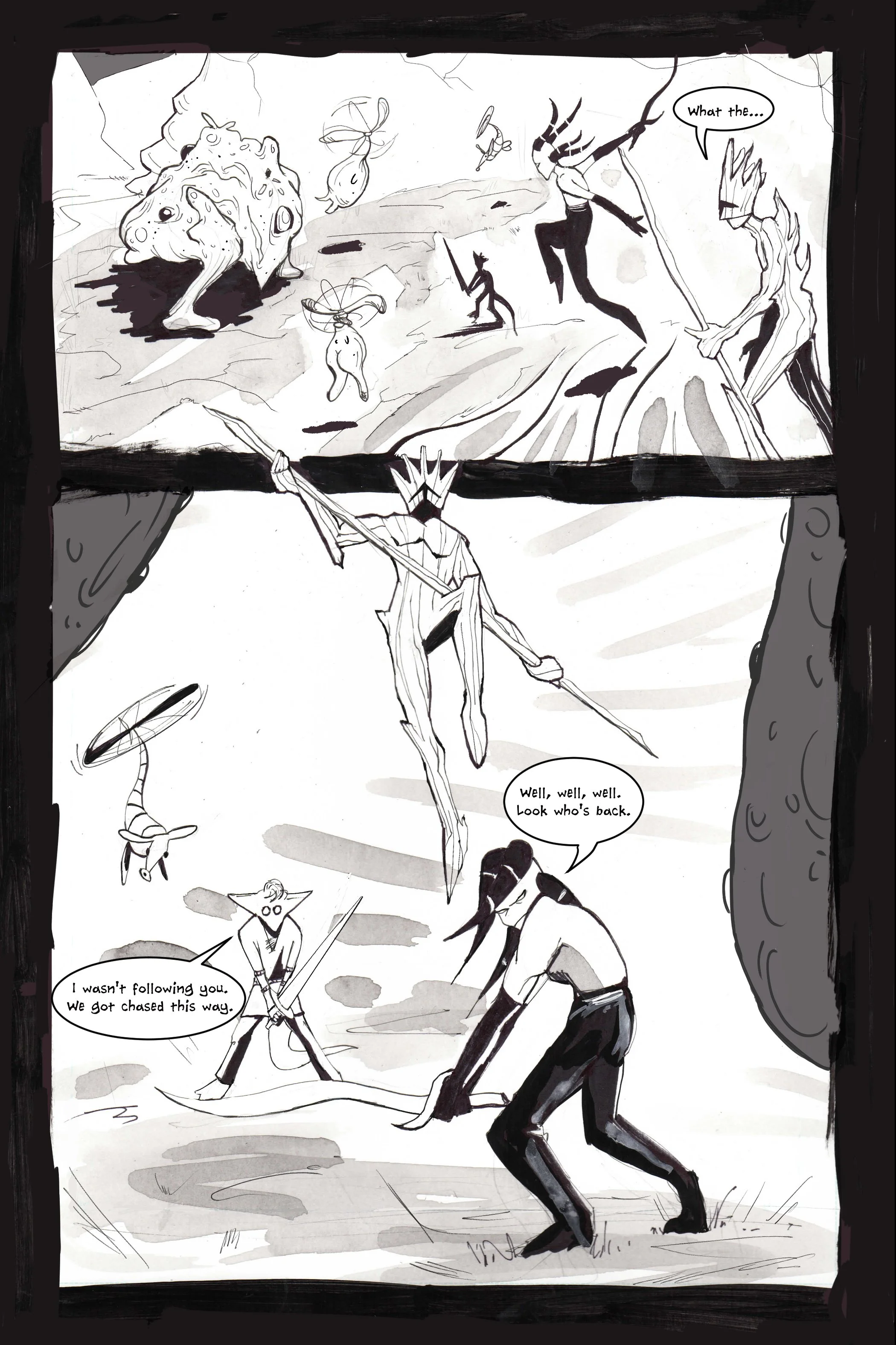 Comic panel showing a surreal battle with strange creatures and humanoid figures, one holding a spear, with speech bubbles reading "What the..." and "Well, well, well. Look who's back." Another bubble says, "I wasn’t following you. We got chased this