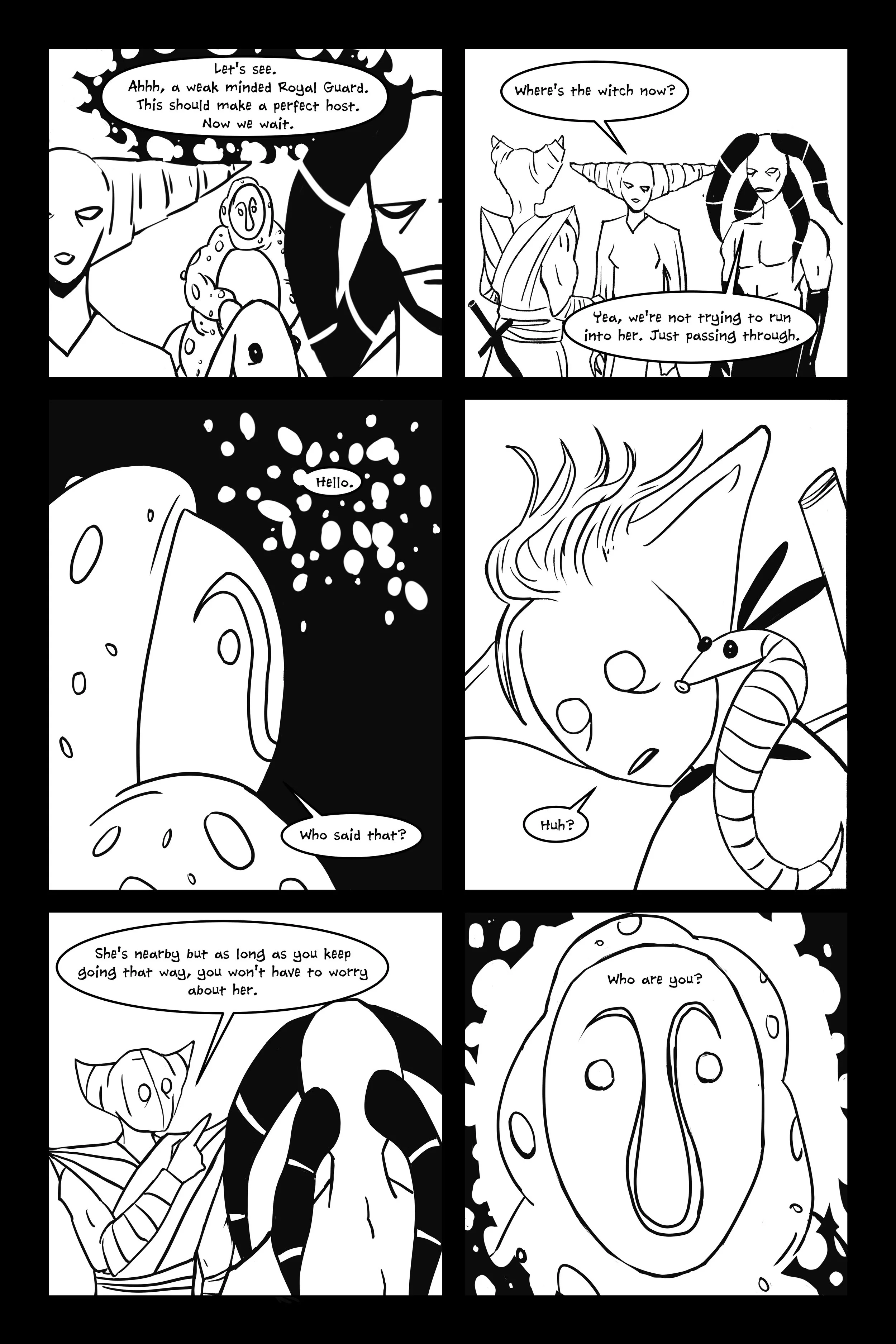 A black and white comic strip featuring characters with fantasy and sci-fi appearances. In the first panel, characters prepare to encounter a creature, with one commenting about a weak-minded royal guard. The second panel shows a character asking whe