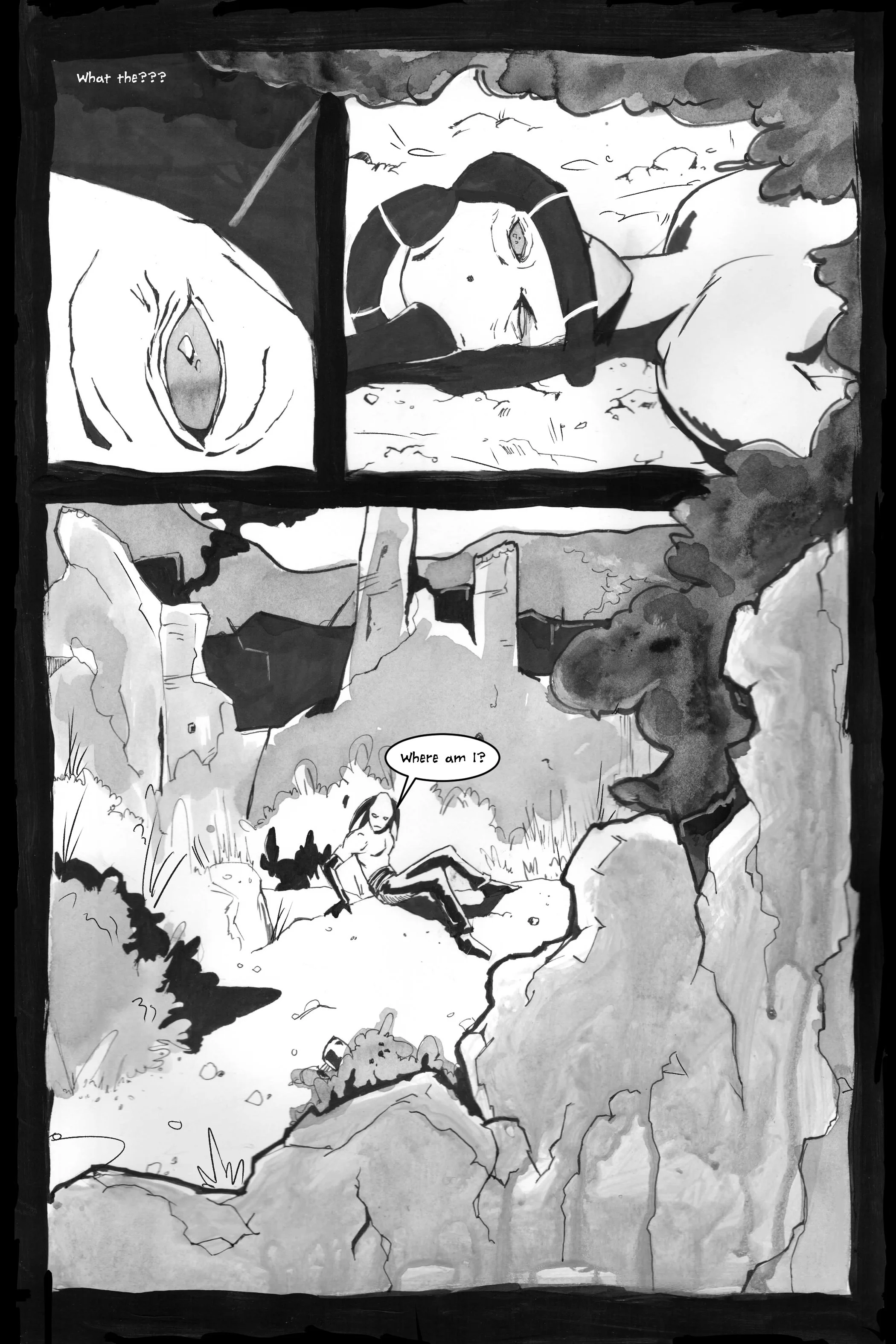 Comic page showing a character waking up in a rocky, outdoor setting. The character appears confused, with text bubbles reading "What the...???" and "Where am I?" The scene includes natural elements such as stones and sparse vegetation.