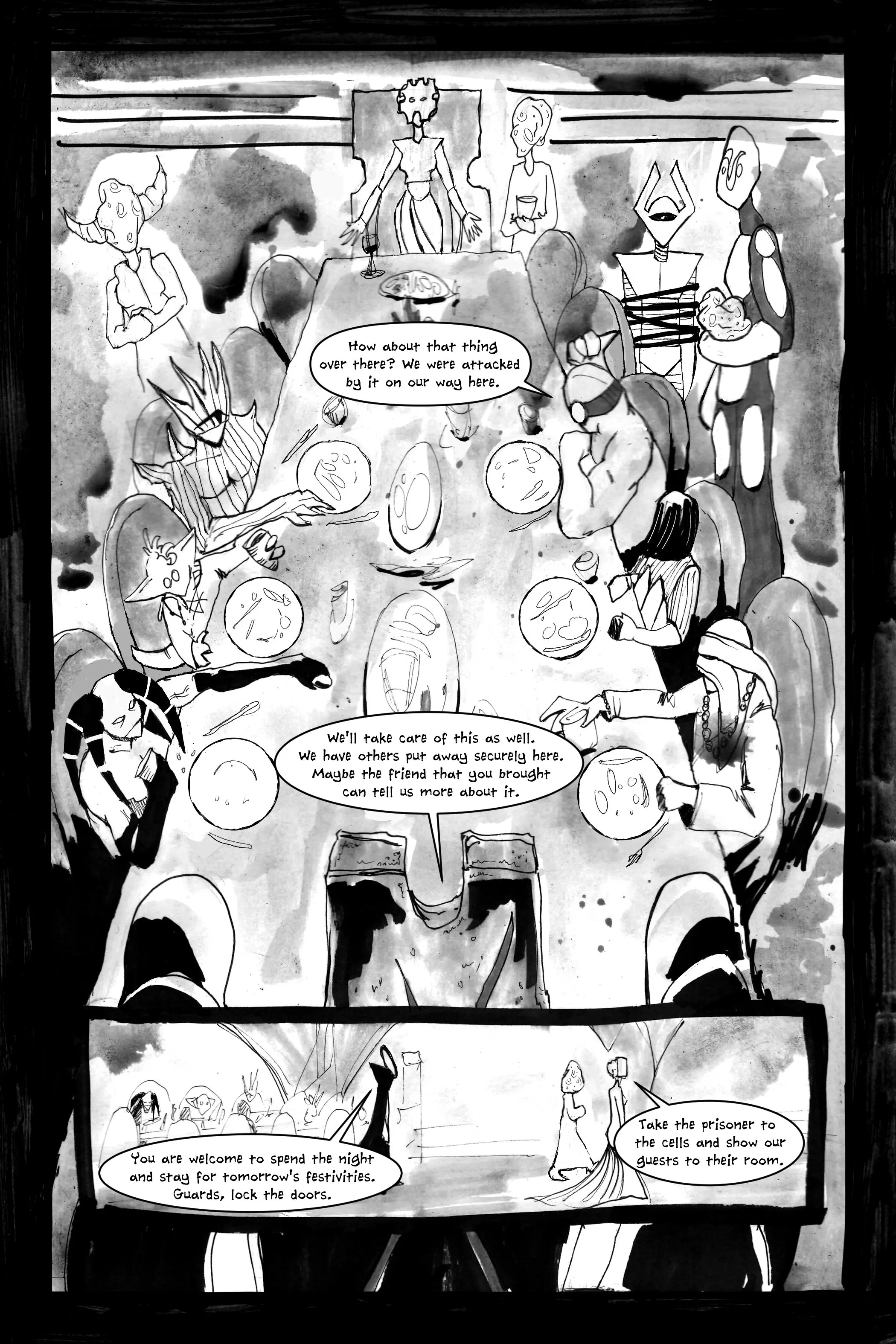 Black and white comic panel showing a group of people sitting around a table with floating orbs. One character speaks about an attack. Speech bubbles indicate a conversation about security and imprisonment. Characters have various distinct features a