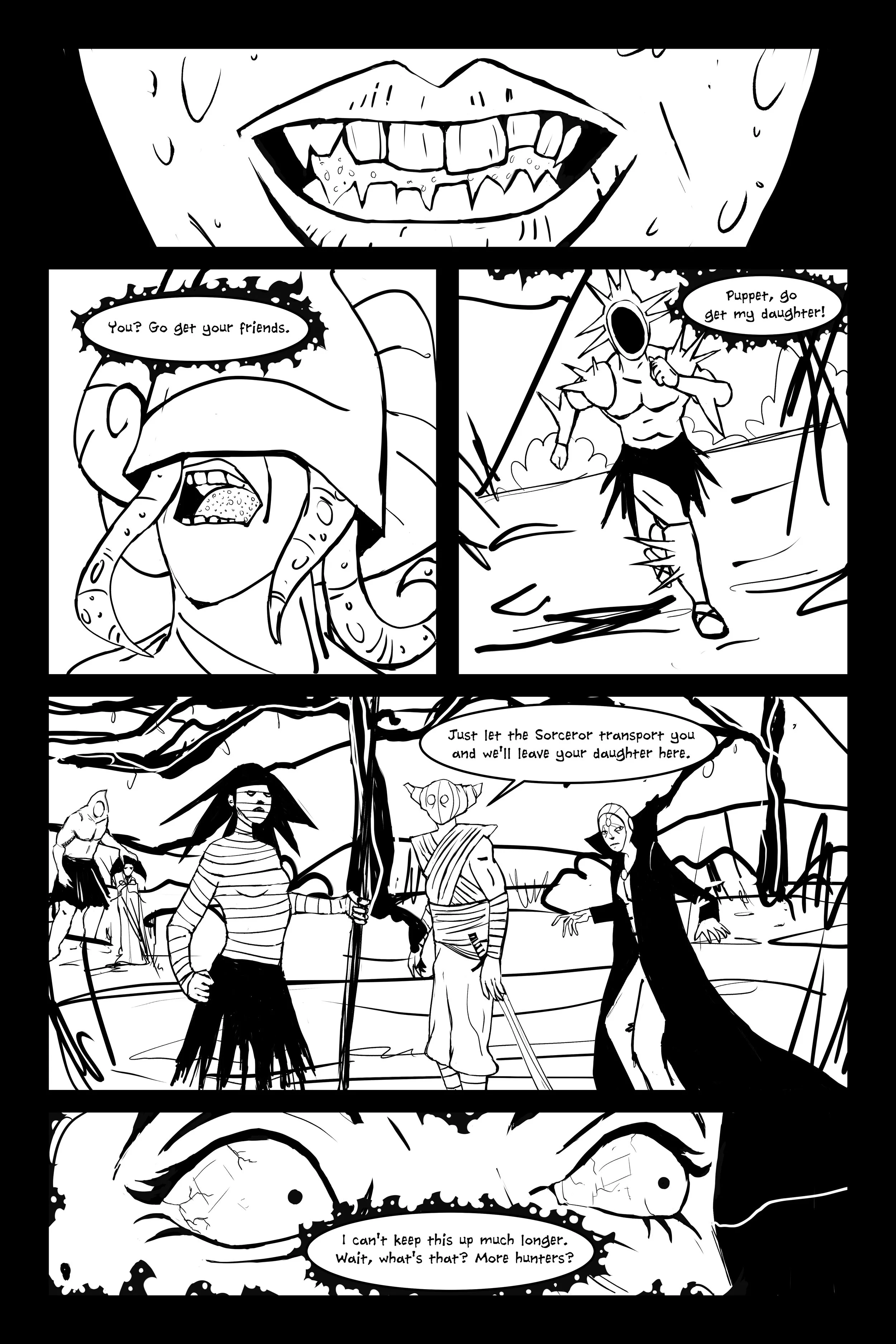 Black and white comic strip with a monstrous face, an orc or goblin creature, two humans, and a mysterious creature with glowing eyes. The comic involves a confrontation and a rescue scenario.