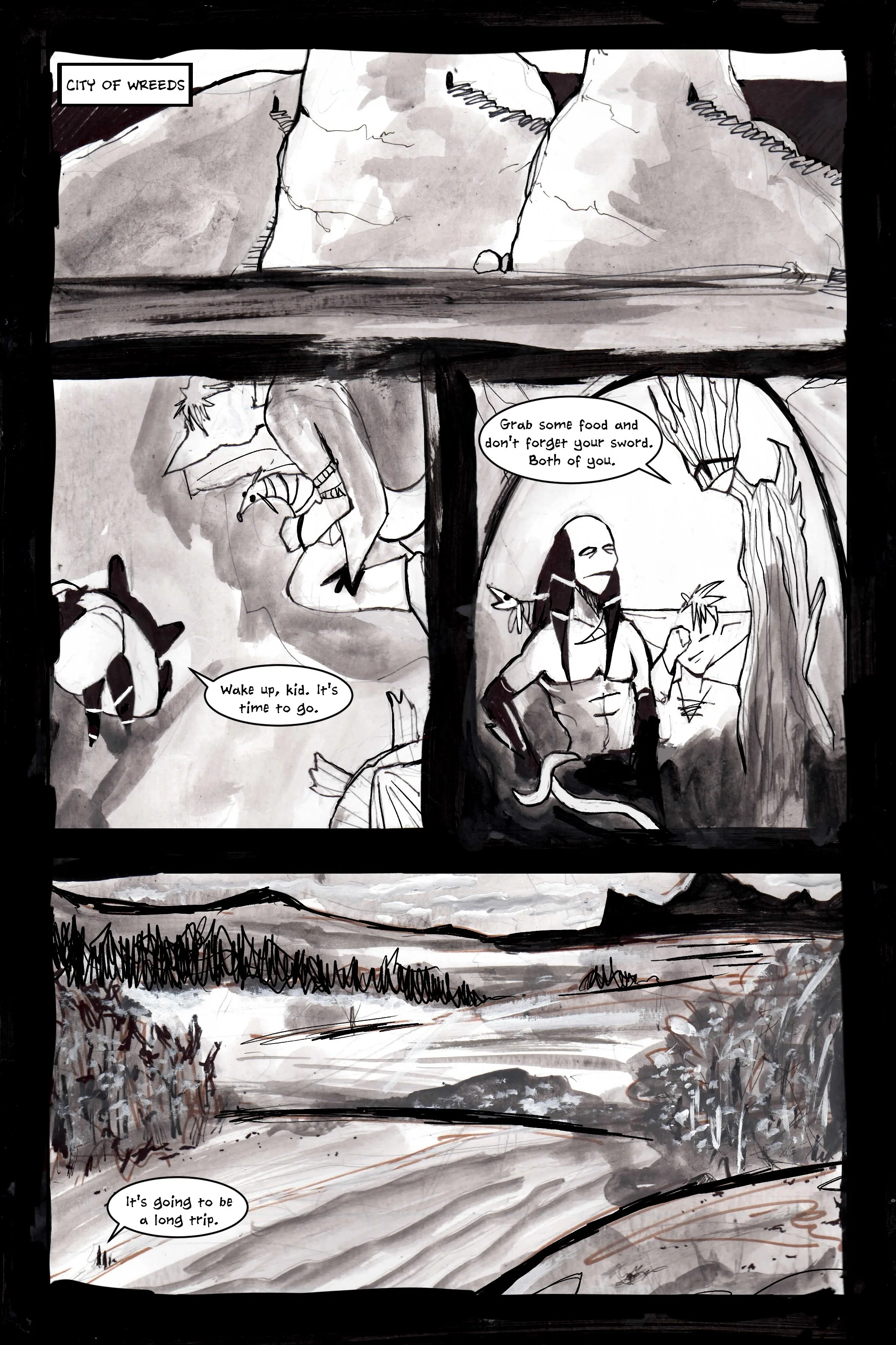 Black and white comic page depicting landscapes and characters preparing for a journey with speech bubbles discussing food and swords.