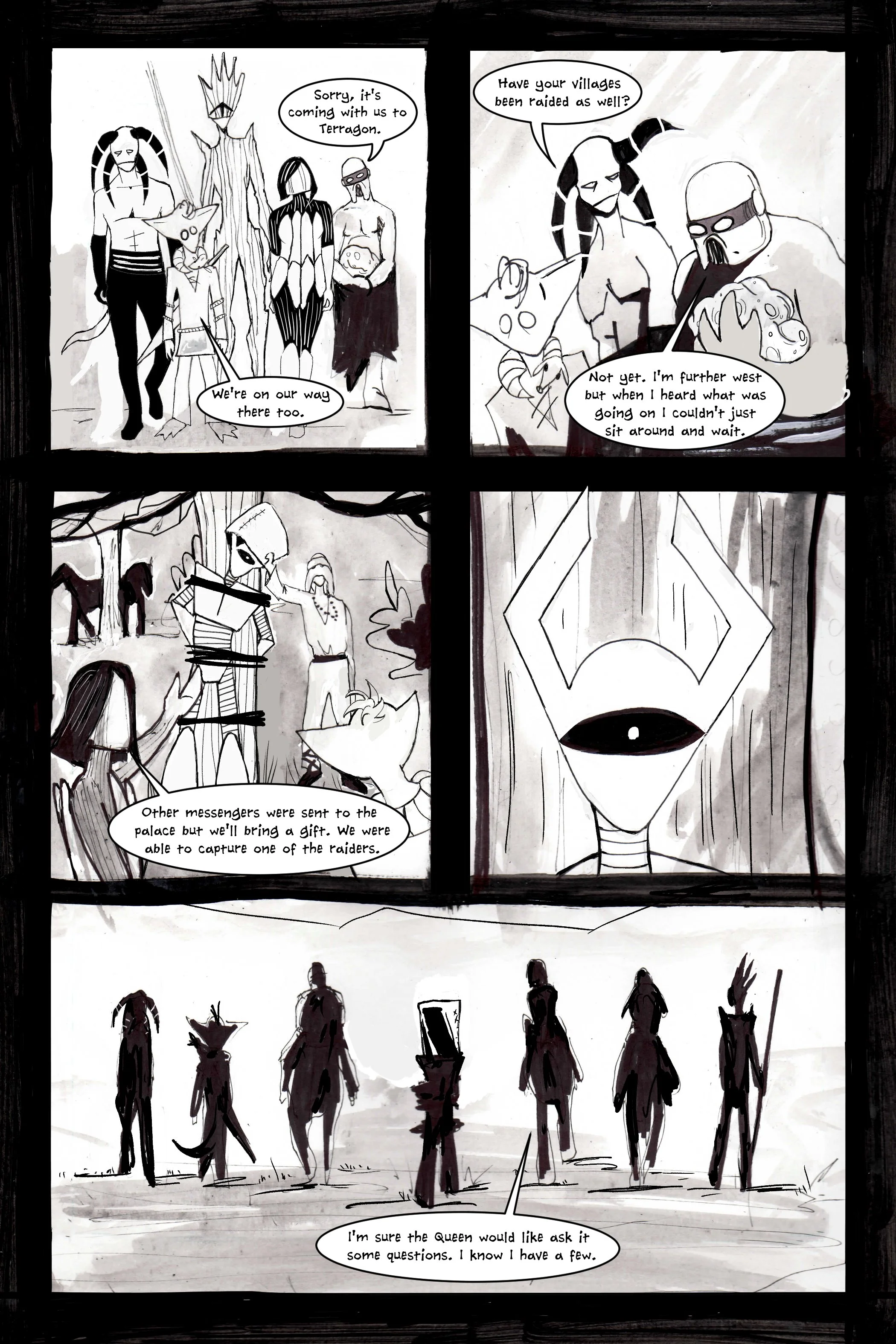 A black and white comic page with four panels showing characters discussing a journey and village raids. The dialogue mentions heading to a place called Terragon and capturing a raider. One character has a unique, horn-like head design.