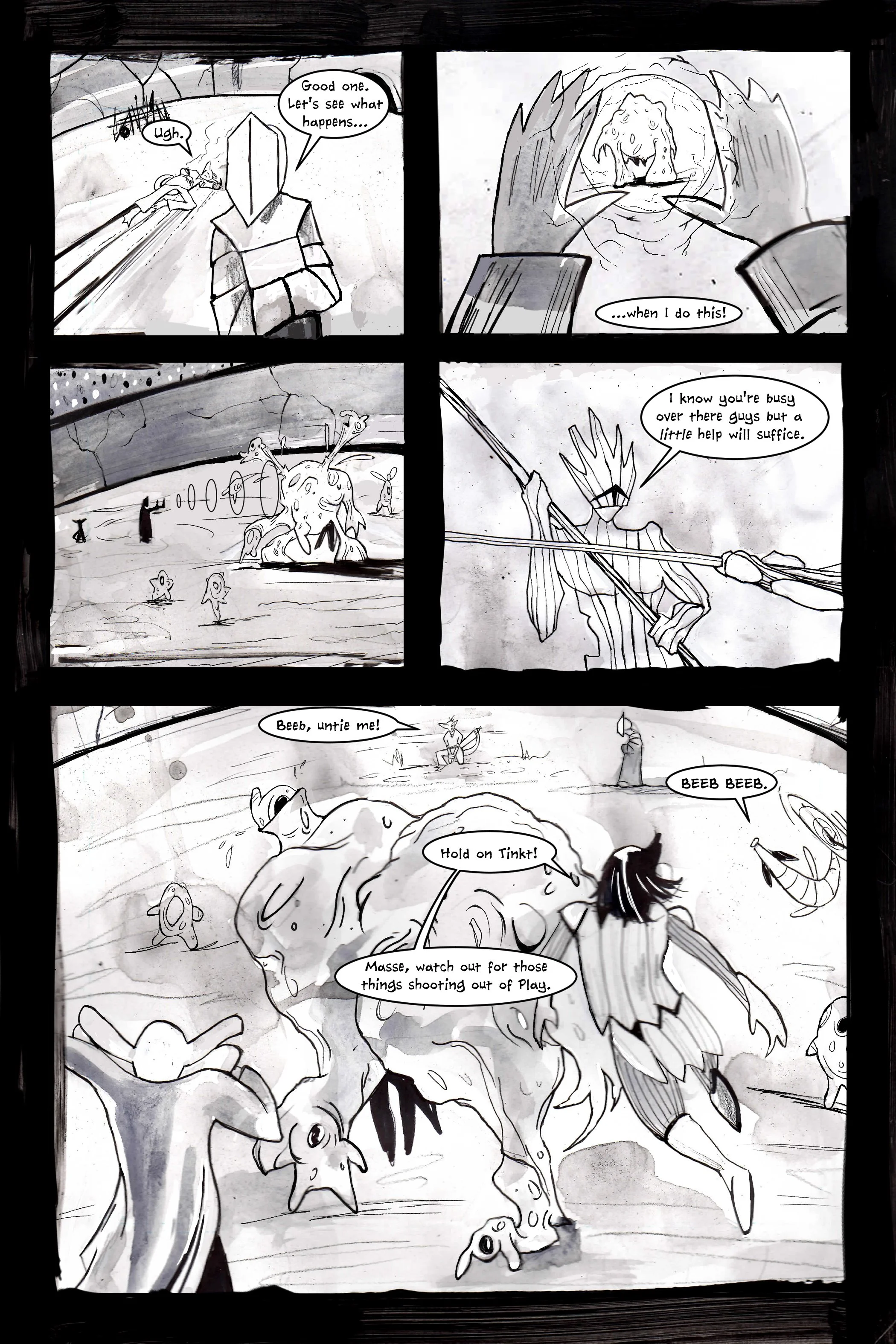 Black and white comic page showing a battle scene with multiple characters, including a knight with a spear, a large creature, and several smaller creatures. Speech bubbles depict dialogue between characters. The panel backgrounds suggest a coliseum 
