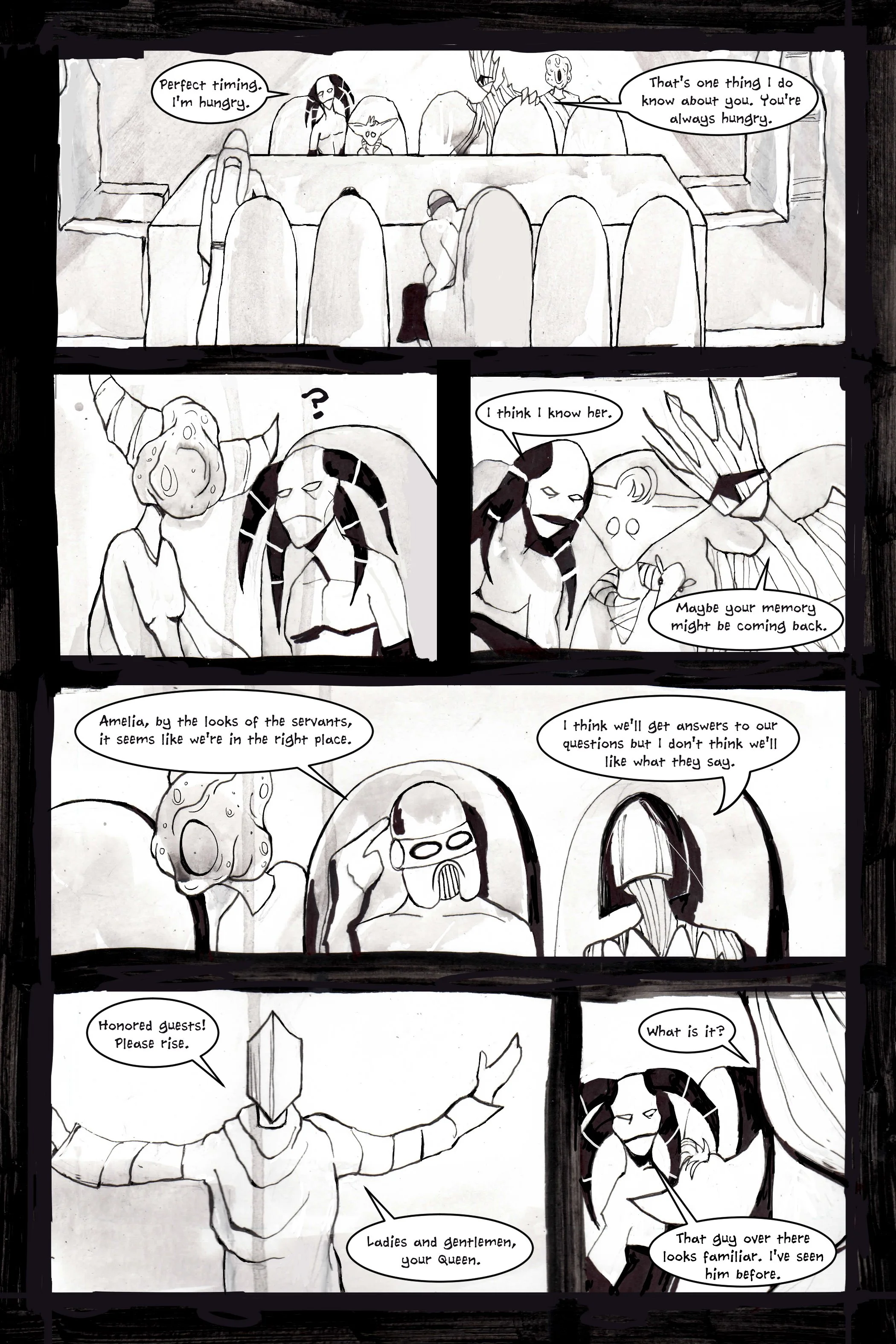 Black and white comic with fantasy characters seated at a table; contains speech bubbles with dialogue about hunger, memory, and a queen. Characters have unique features like helmets and horns.