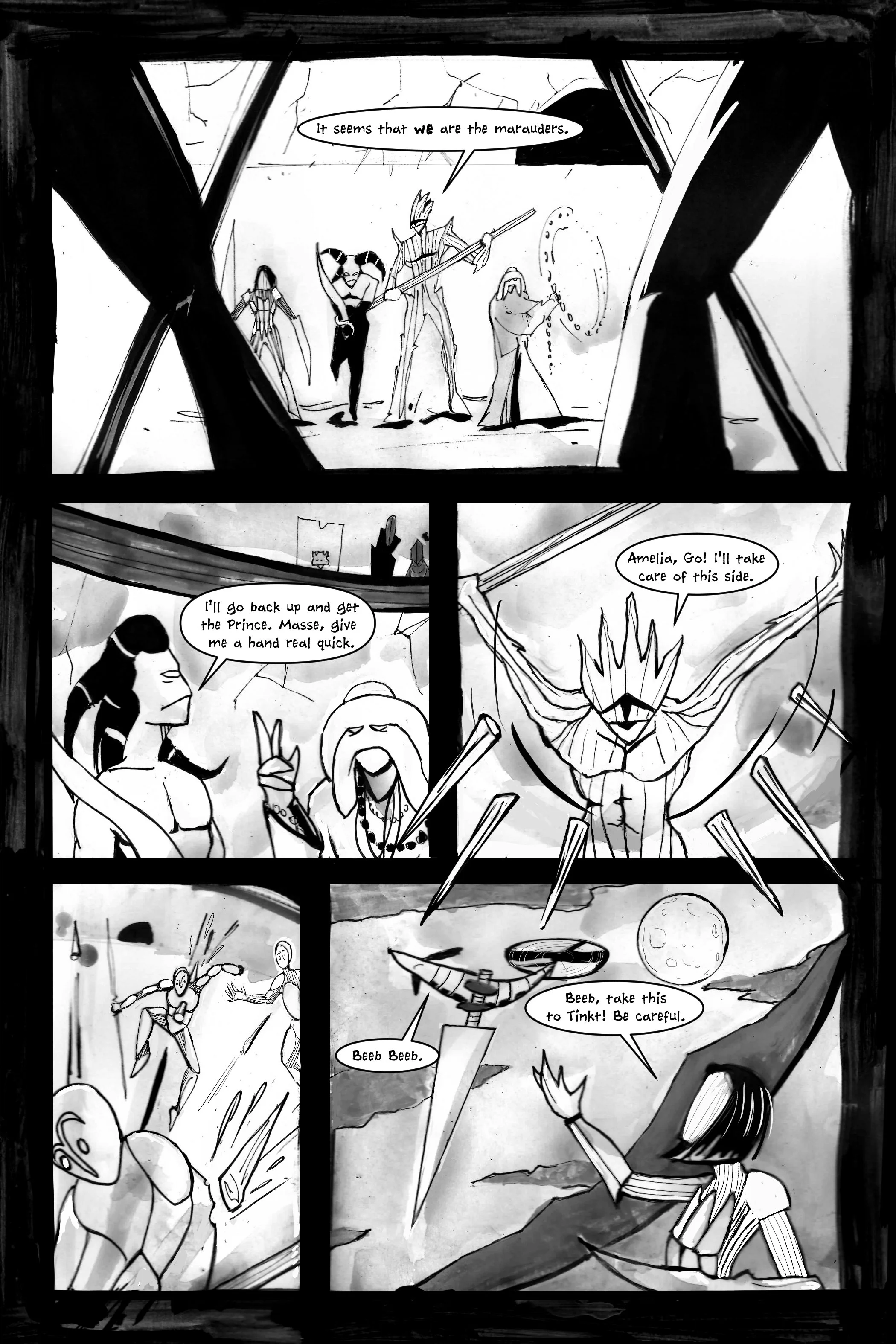 Black and white comic page featuring characters in battle, including armored figures and a person wielding a sword. Speech bubbles convey a tactical conversation among the characters, referencing marauders, a prince, and careful strategy. A floating 