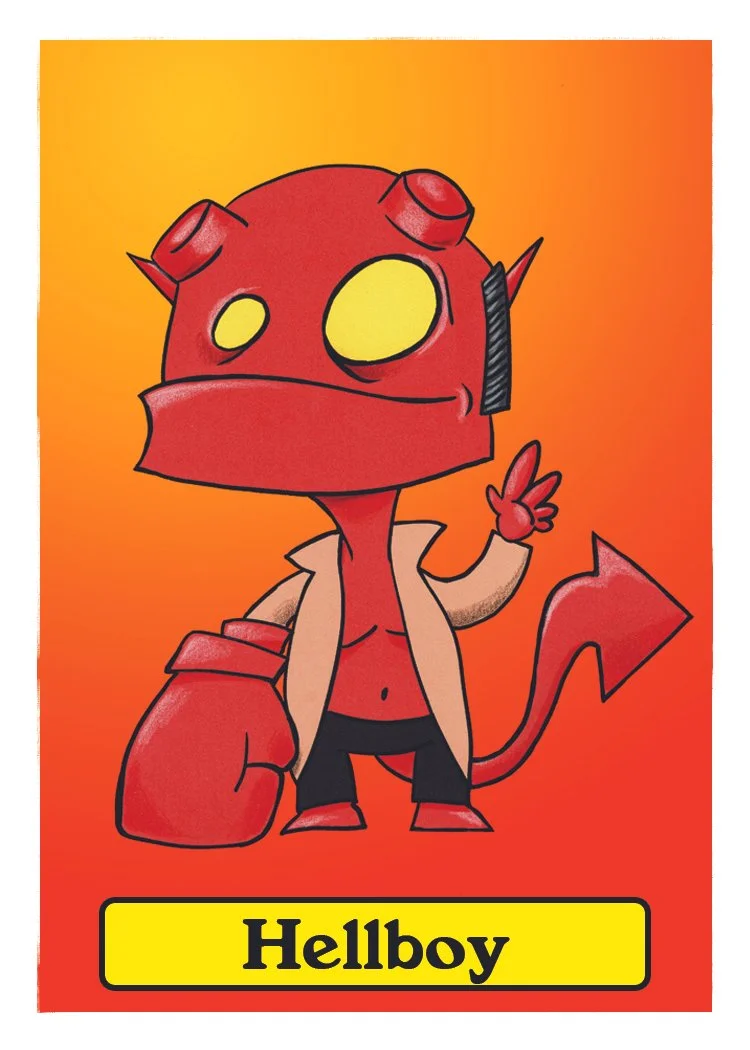 A cartoon character that resembles a red devil with a large head, yellow eyes, horns, a tail with an arrow-shaped tip, and a boxing glove on one hand. The character is wearing a beige jacket, black shorts, and making a peace sign with the other hand.