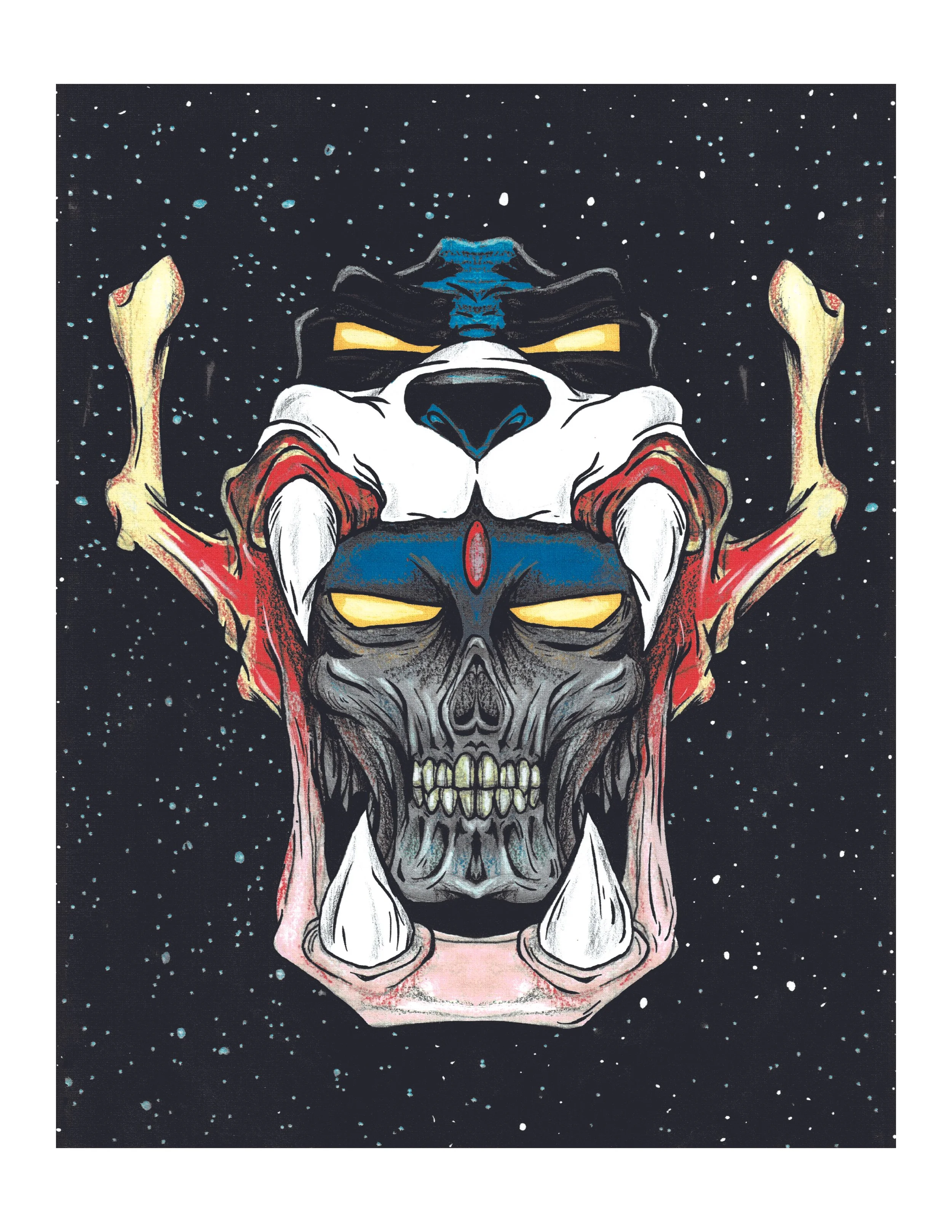 A digital illustration of a menacing skull with animal-like teeth, dark eye sockets, and a third eye on the forehead, set against a starry space background. The skull has layered features with animalistic and supernatural elements.