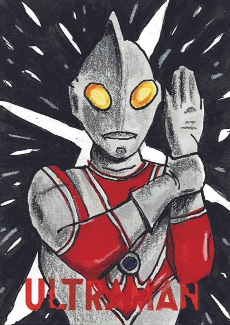 Drawing of Ultraman with yellow eyes, gray skin, red costume, and a raised hand in front of a black burst background with part of the word 'ULTRAMAN' visible at the bottom.