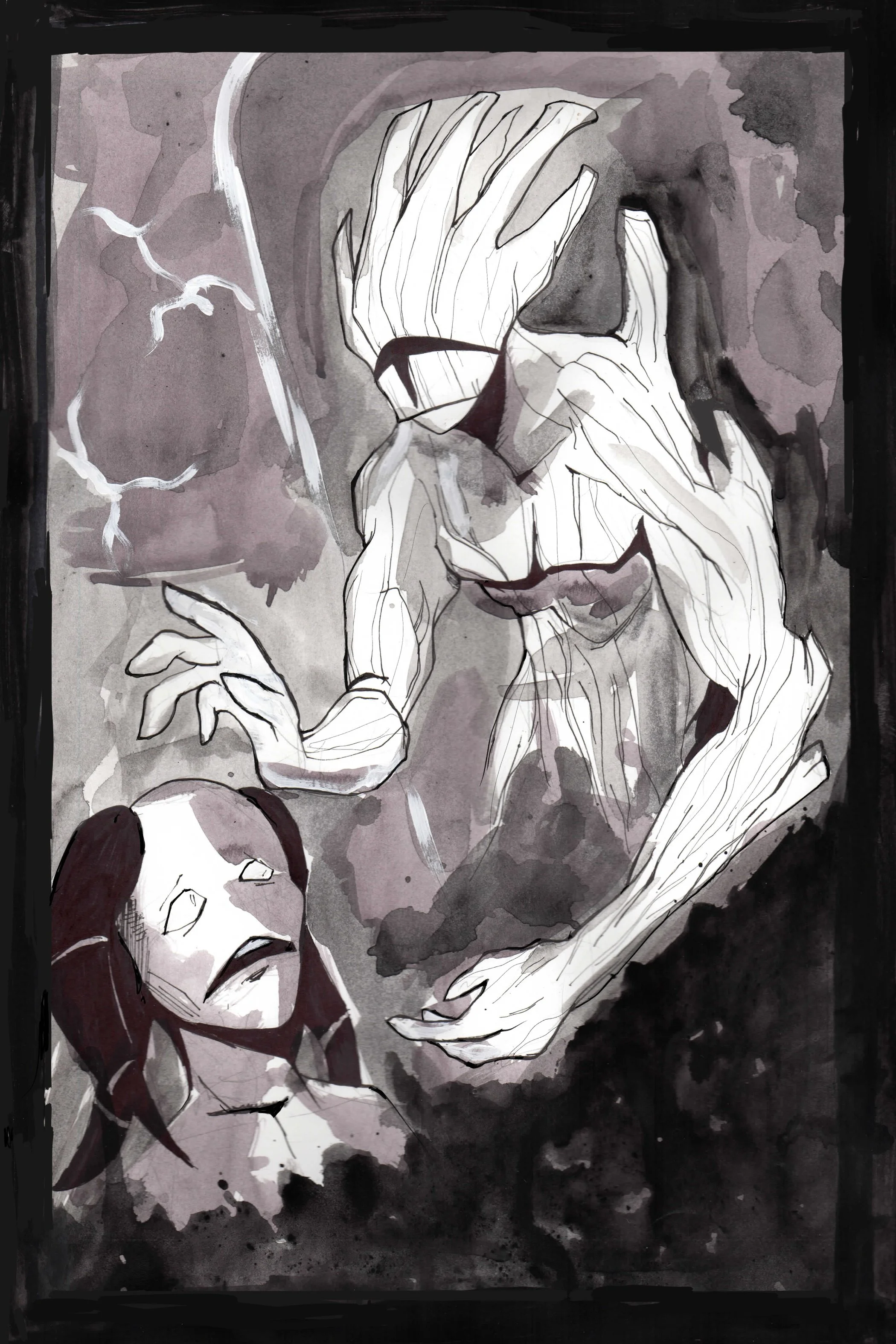 Abstract monochrome illustration of a ghostly figure emerging from darkness, reaching towards a distressed face. The artwork has a surreal and haunting atmosphere.