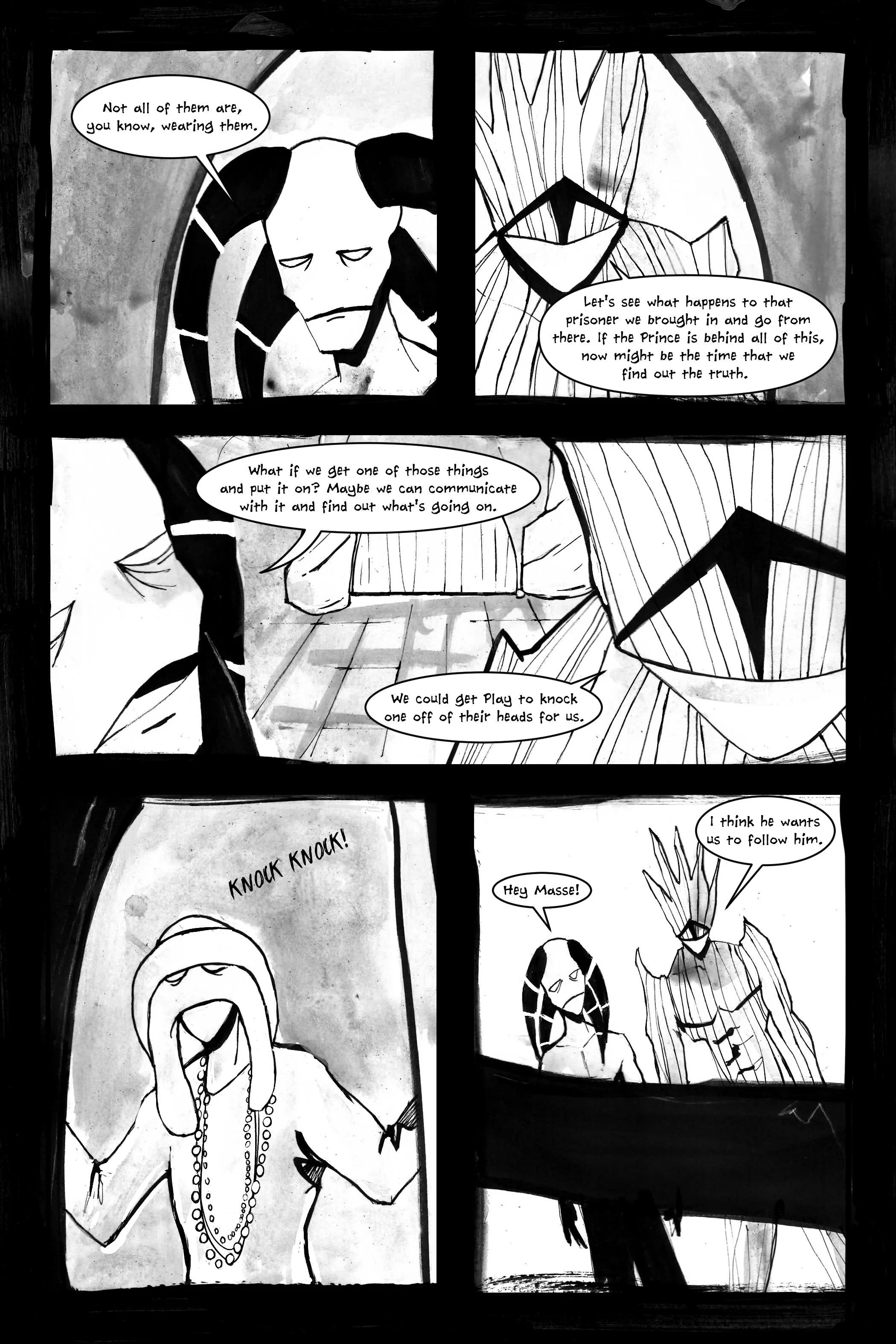 Black and white comic page featuring three mystical characters with dialogue. The first panel shows a horned character suggesting an action regarding a prisoner. The second panel includes a character with a geometric face discussing communication str