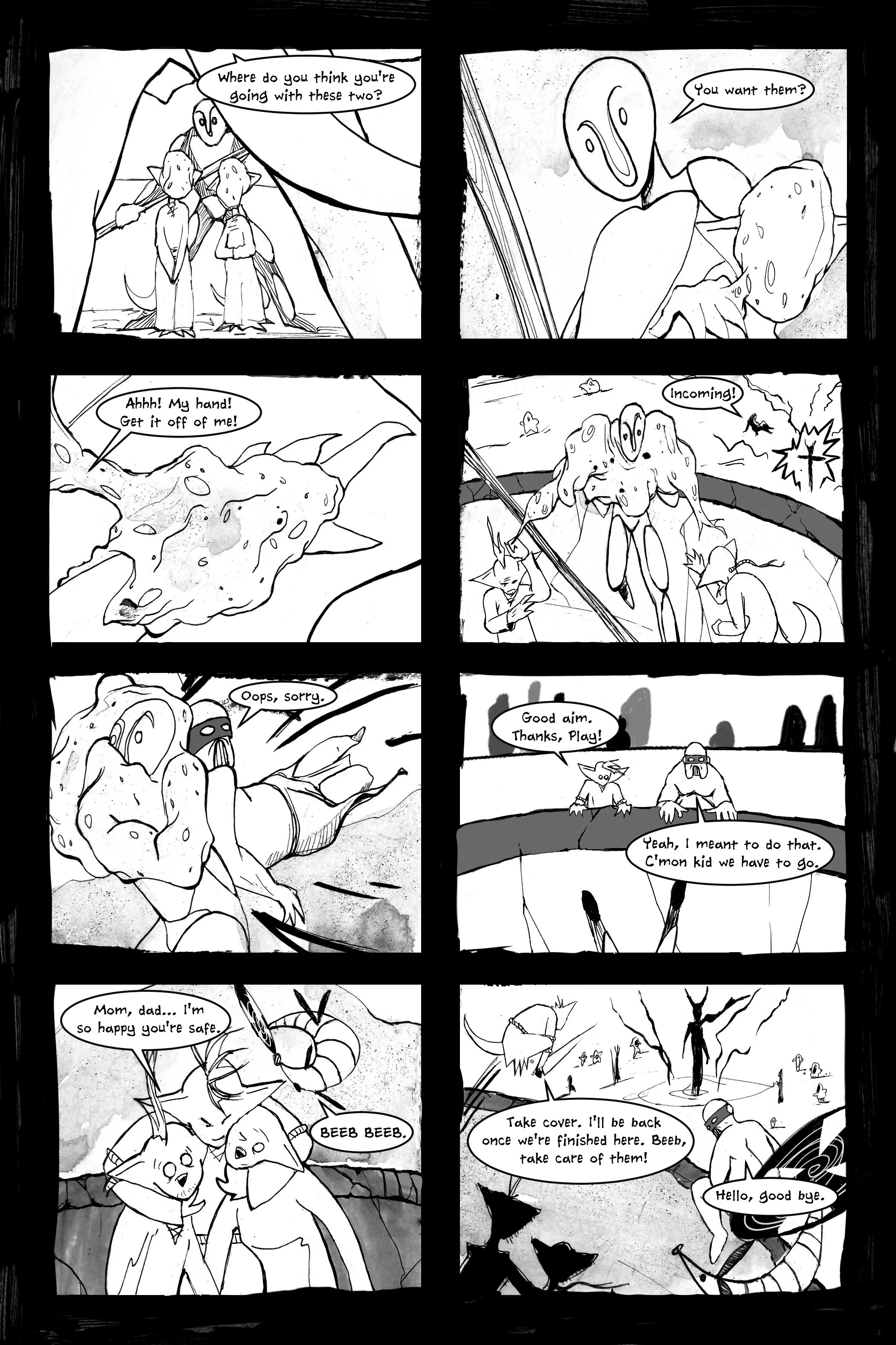 Black and white comic strip depicting a sequence where characters are confronted by a creature. The dialogue shows a confrontation and a subsequent escape plan, with expressions of relief and concern. In the final panels, one character bids farewell,