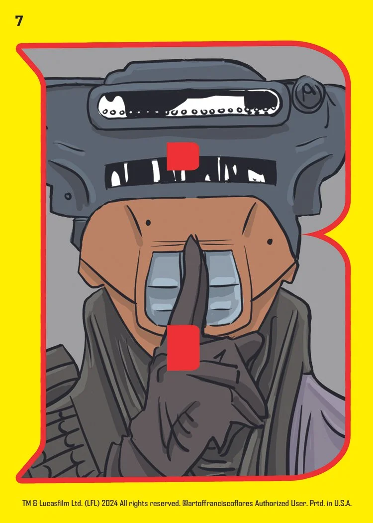 A digital illustration of a person in a Star Wars helmet, holding a finger to their lips in a shushing gesture, with a yellow background and red border.