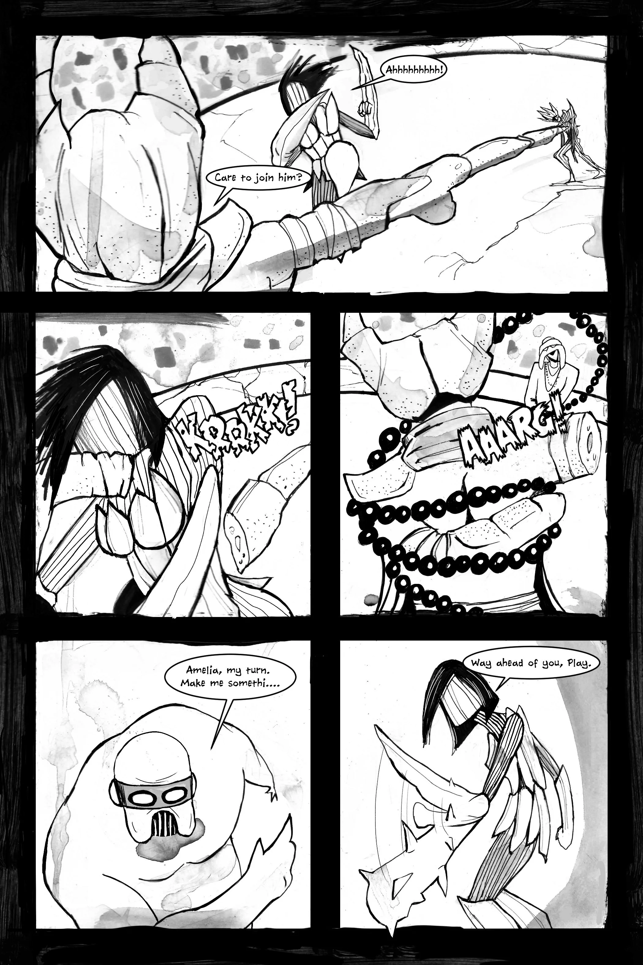 Comic page with various action scenes: a character wearing a cloak attacks a person while another character suggests joining a fallen comrade, another person expresses pain, and a dialogue exchange occurs between two other figures.