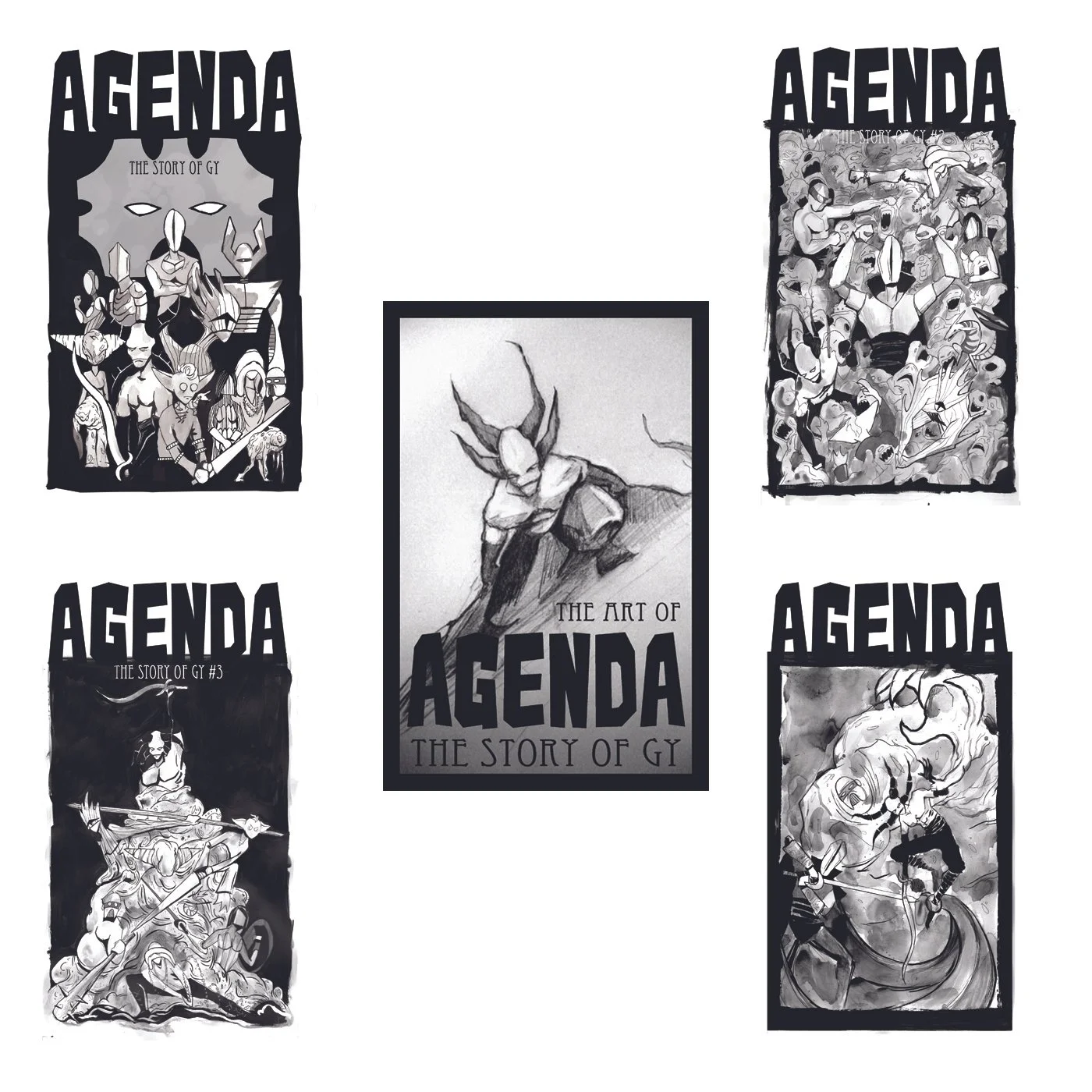 Center illustration of a character with horns crouching, with the text 'The Art of Agenda, The Story of GY'. Surrounding images are four black and white comic book covers titled 'Agenda' with different subtitle and artwork.