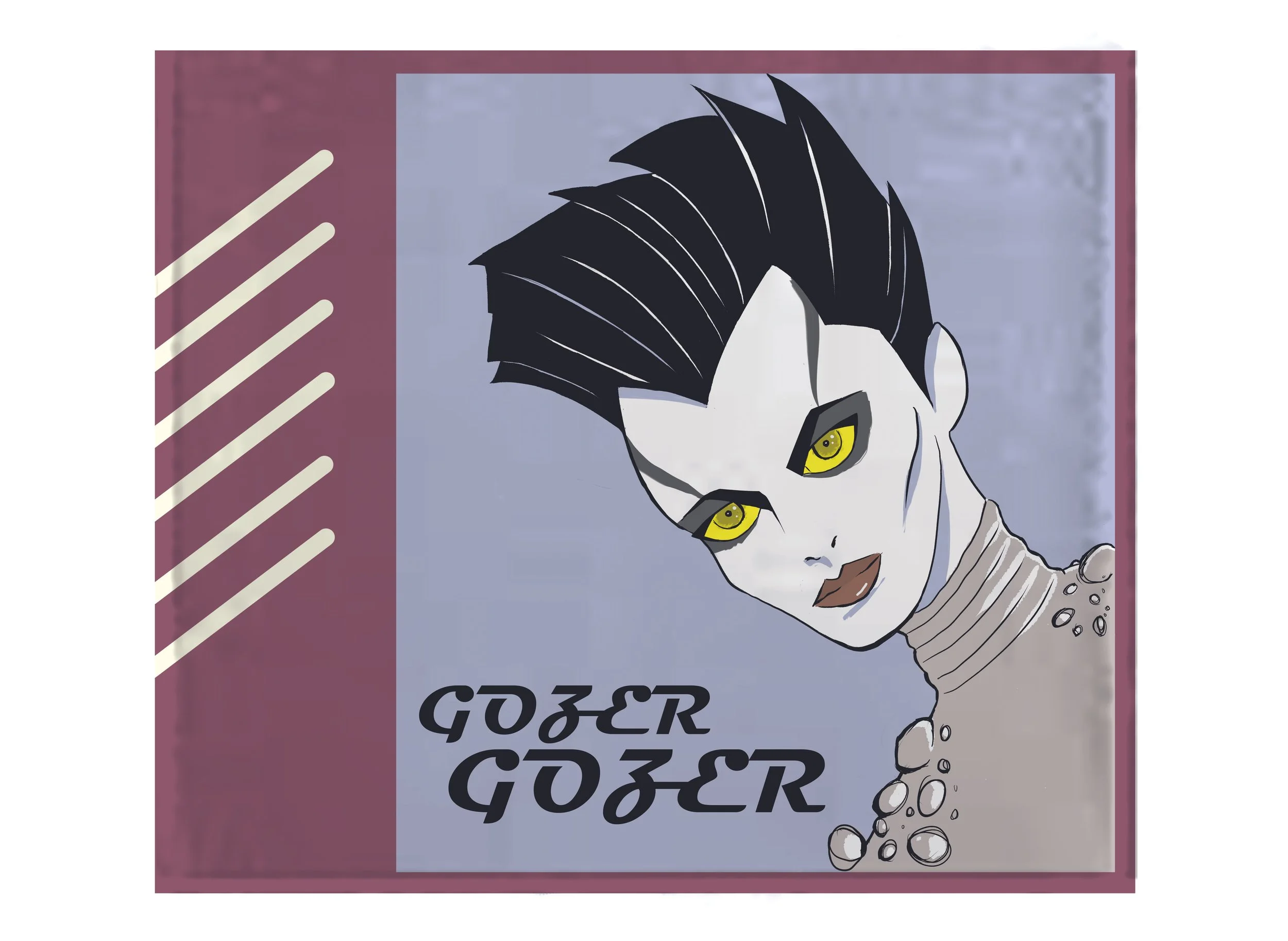 A digital illustration of a female humanoid creature with white skin, yellow eyes, and black hairstyle, with text reading 'Gazer Gazer' in stylized black font, all framed within a purple border with diagonal white lines.