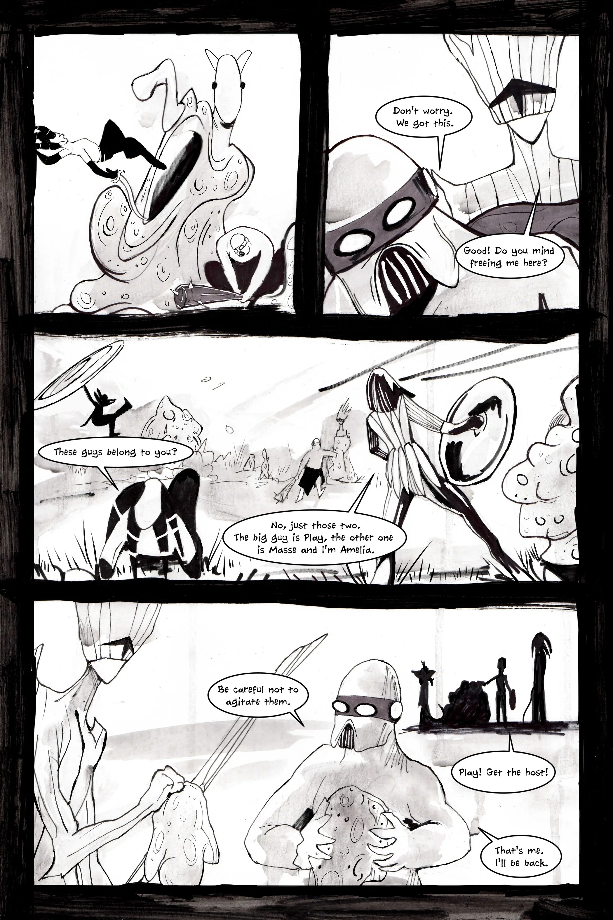 Black and white comic page featuring alien figures. A large snail-like creature interacts with a character. Other characters discuss ownership, naming both Playg and Masse, while Amelia reveals her name. Cautious interaction with a creature is advise