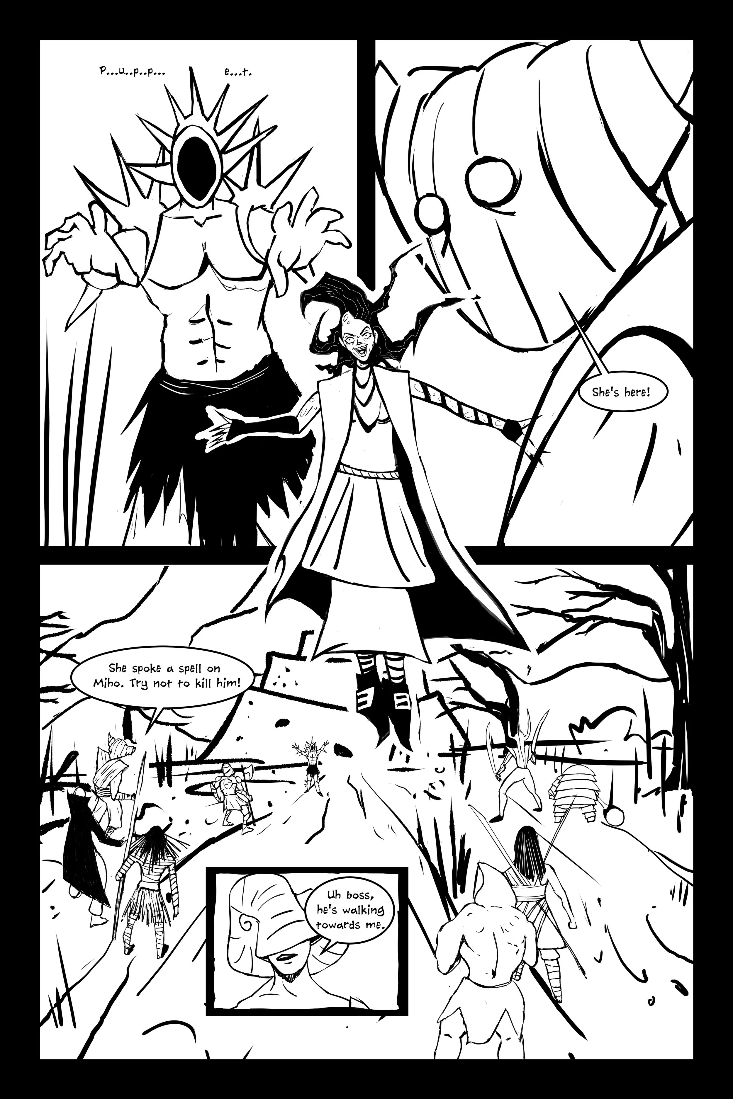 Comic strip with characters casting a spell, a large shadowy figure with a hollow face, and a group of adventurers approaching a boss in a forest.