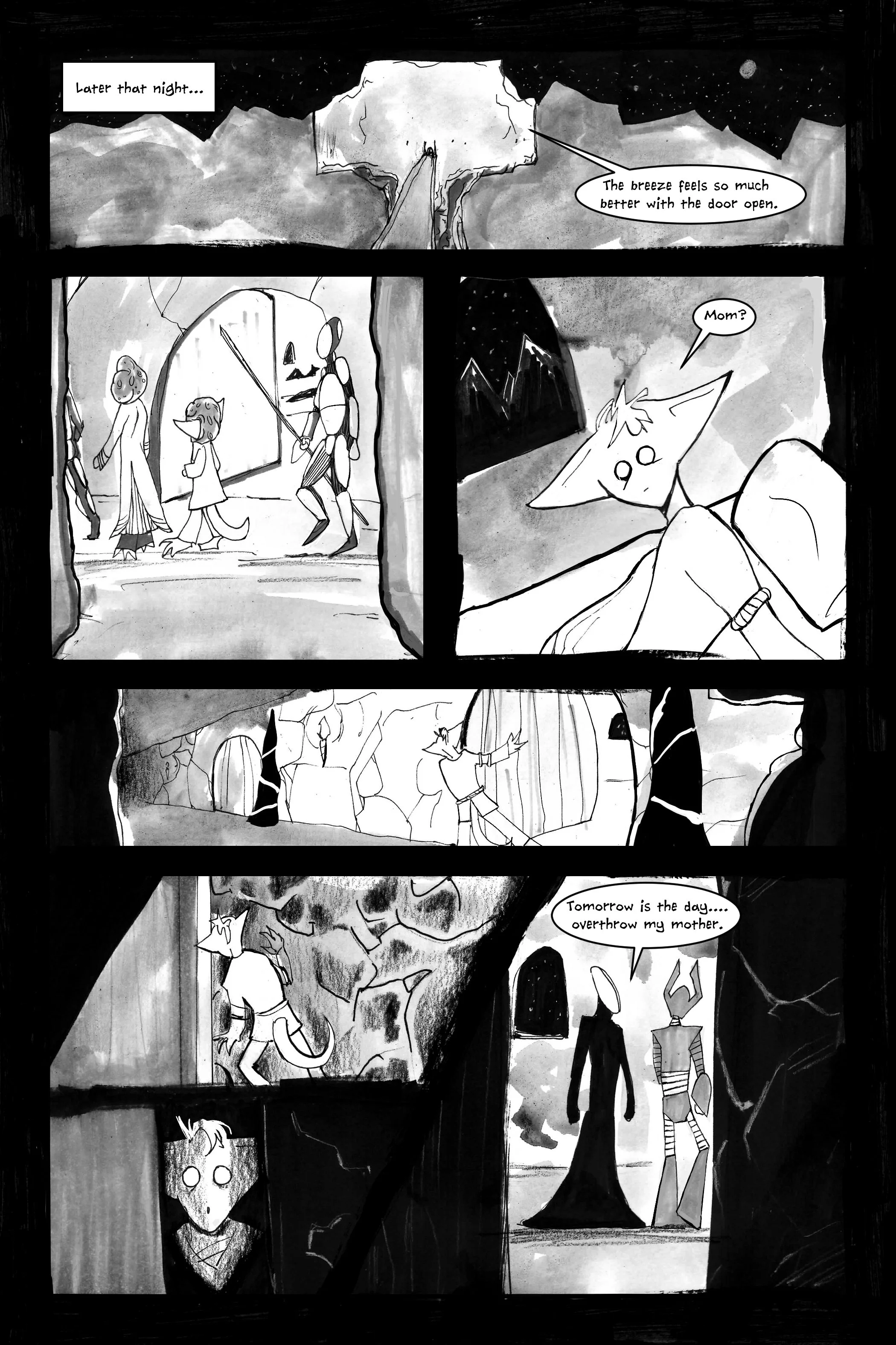 Black and white comic page illustrating a night scene with anthropomorphic characters and dialogue indicating a plan to overthrow a mother, featuring a castle-like setting.