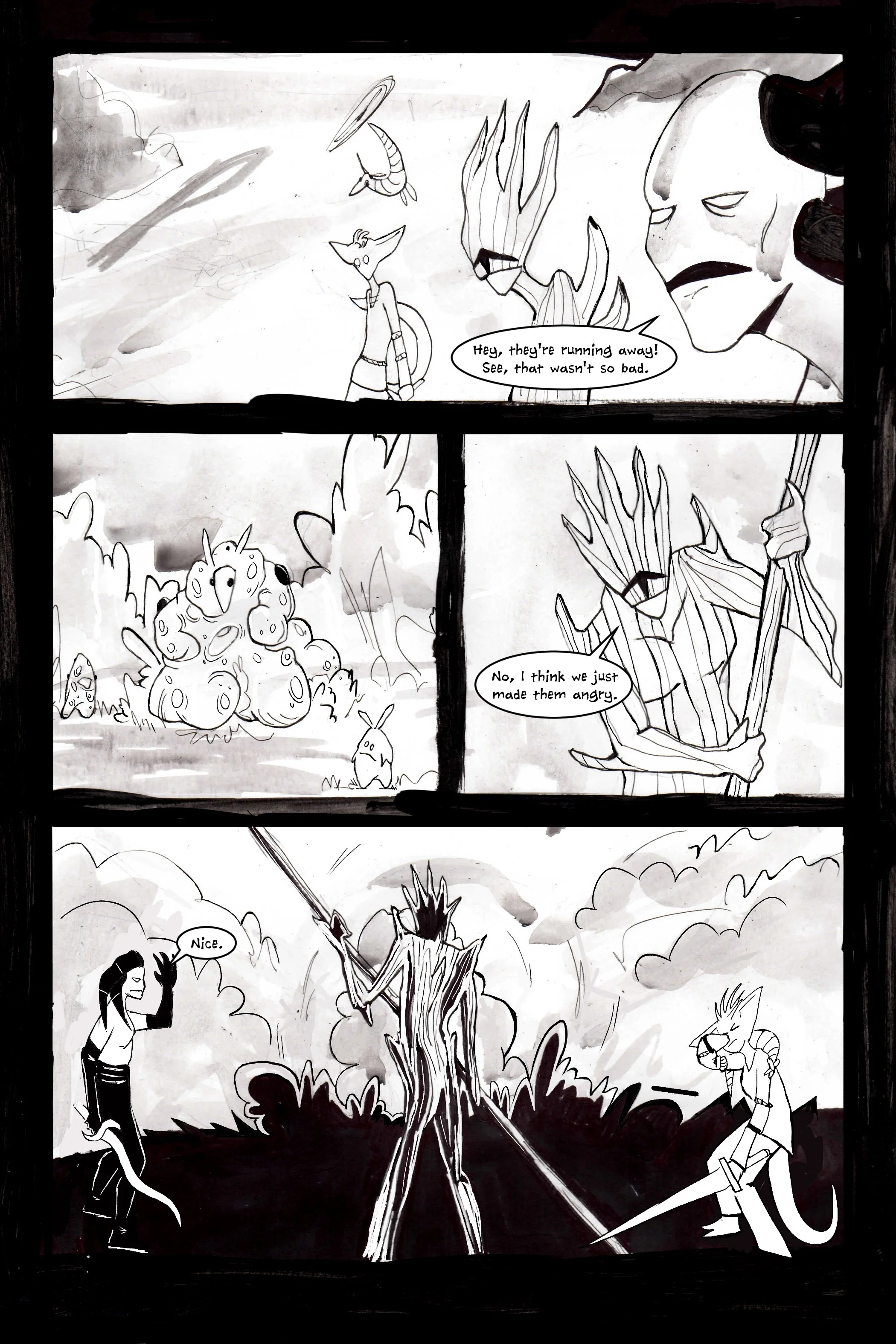Monochrome comic strip featuring three characters and a group of small creatures. Initially, creatures are running, and one character believes the threat is over. However, another character suggests the creatures are angry. The last panel shows two c
