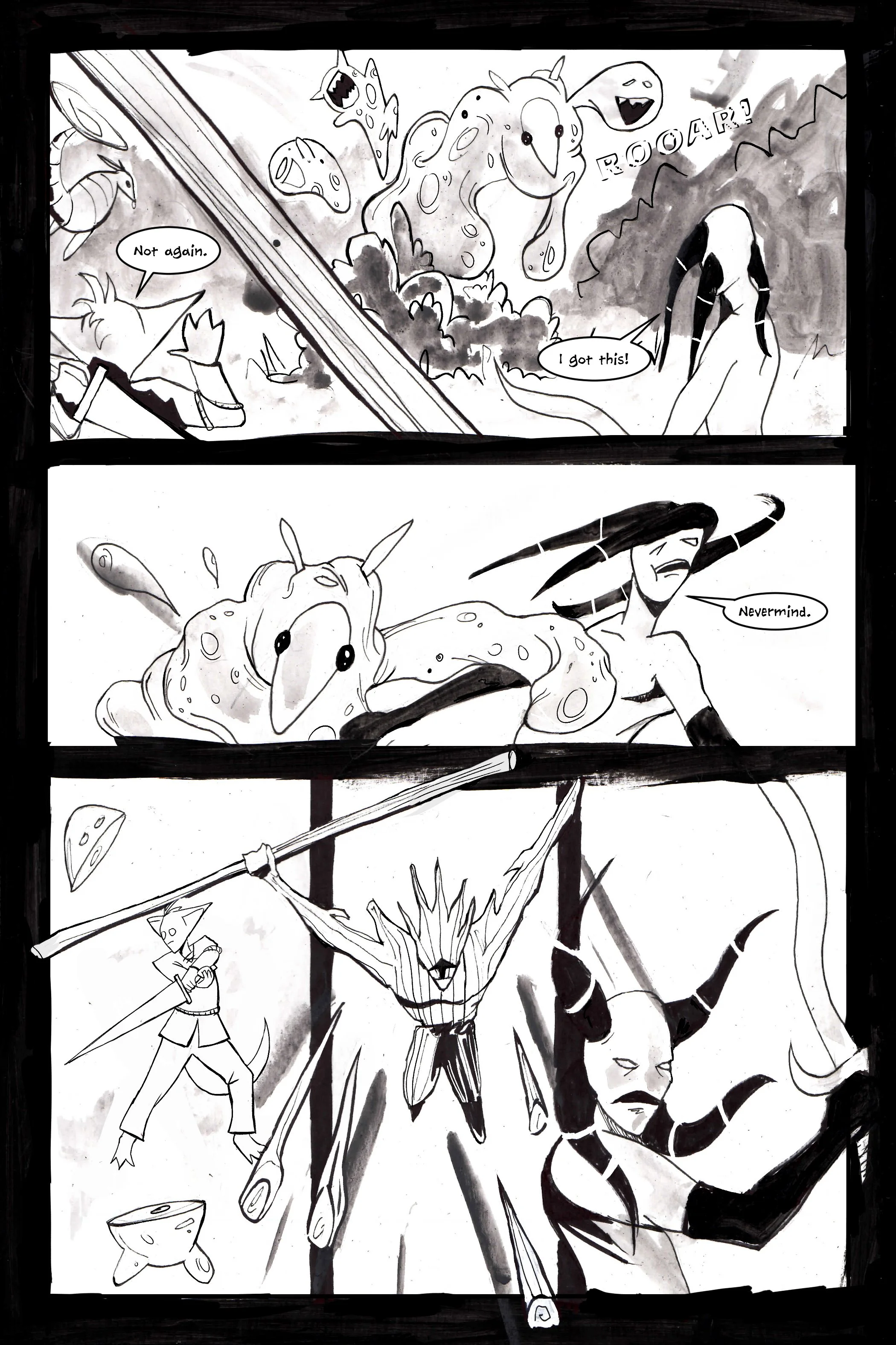 Black and white comic page featuring fantasy creatures and characters. The first panel shows two characters facing floating slug-like creatures; one says 'Not again,' and the other responds, 'I got this!' The second panel depicts a character with hor