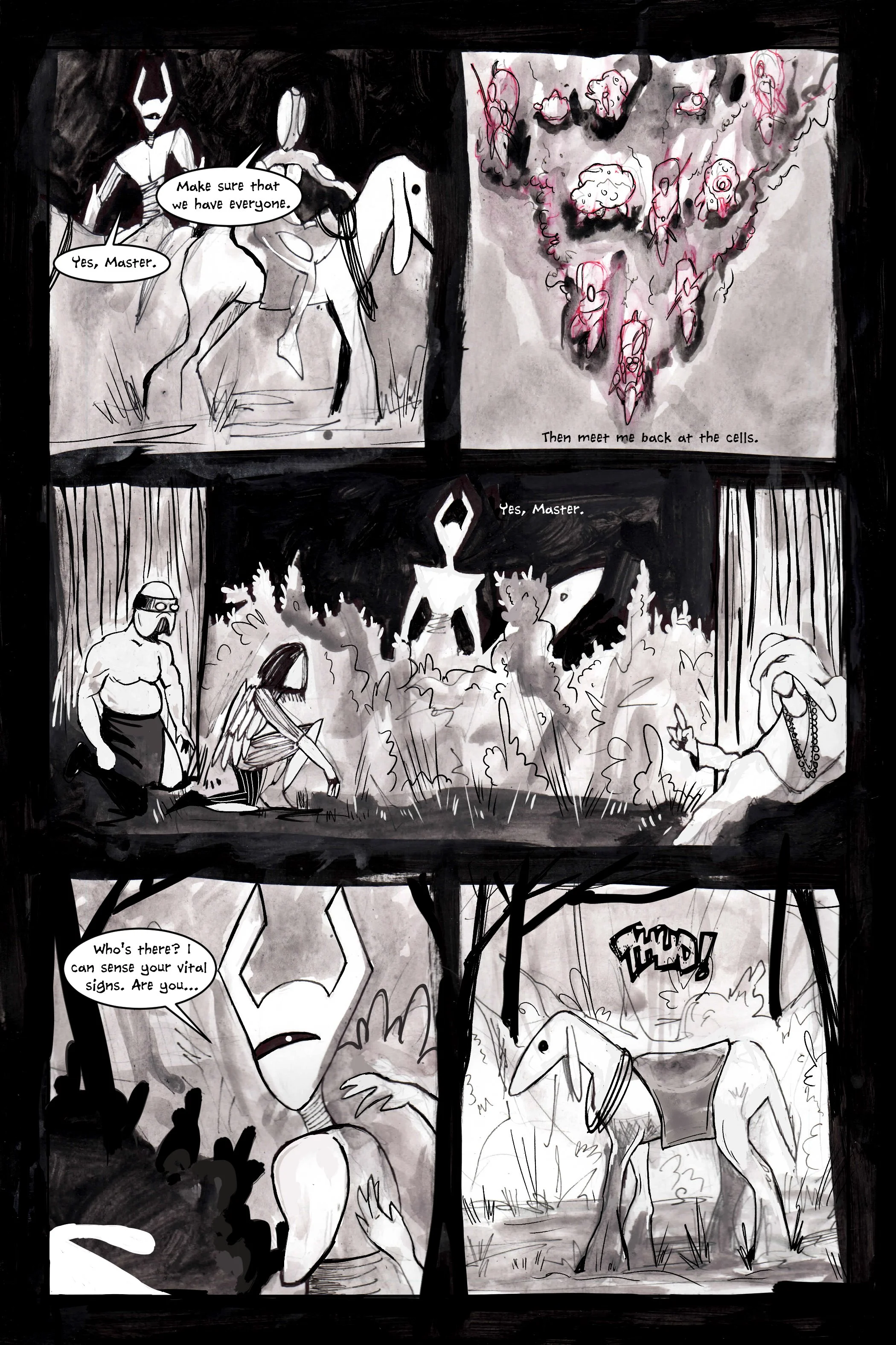 Monochrome comic panels depicting a surreal forest scene with stylized characters interacting. One panel shows a character on a horse giving instructions, another features mysterious floating heads, and the last panels imply a character sensing anoth