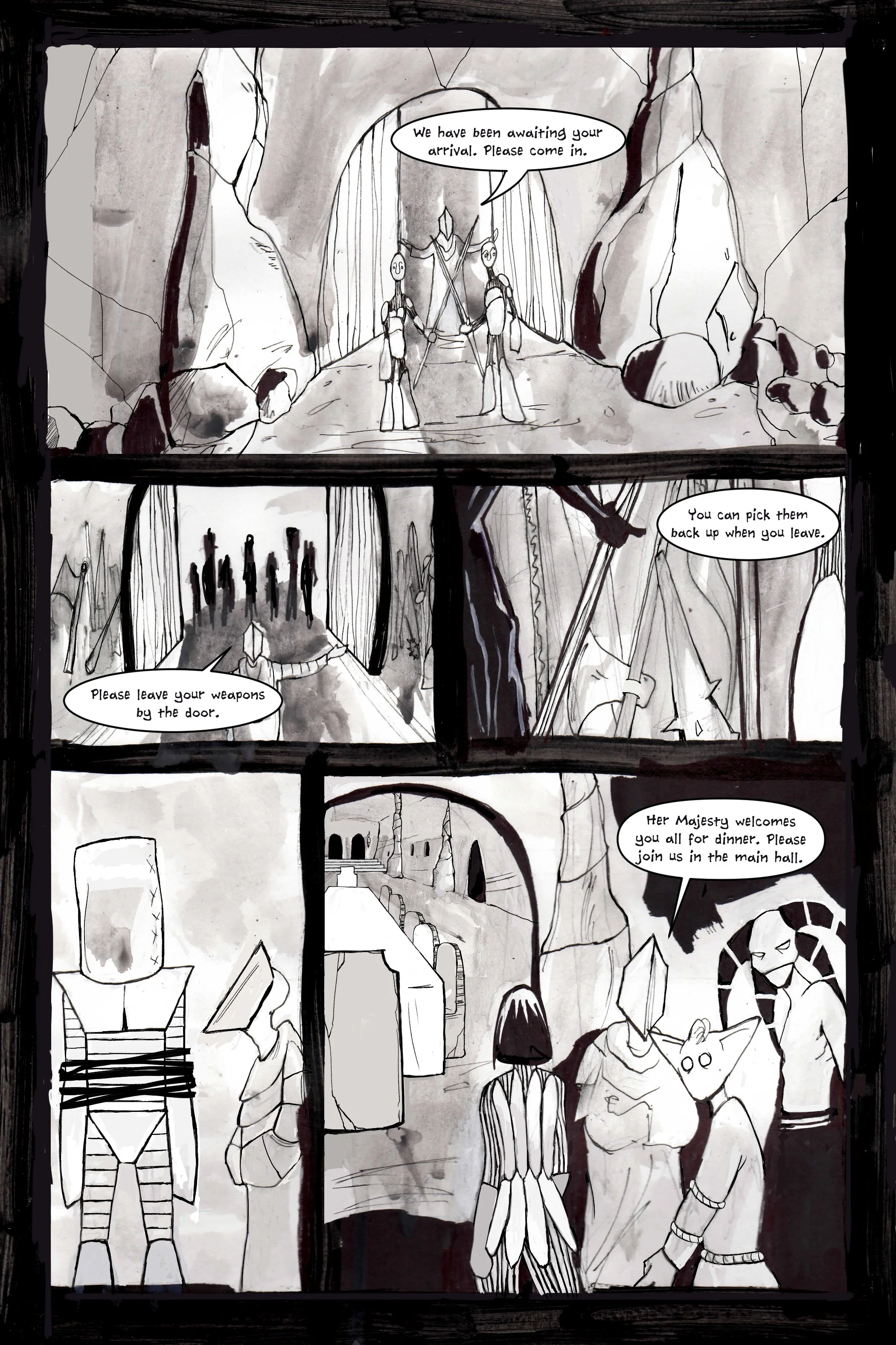 Black and white comic strip with geometric characters and dialogue; figures welcome visitors, ask to leave weapons, and invite to a dinner in main hall.
