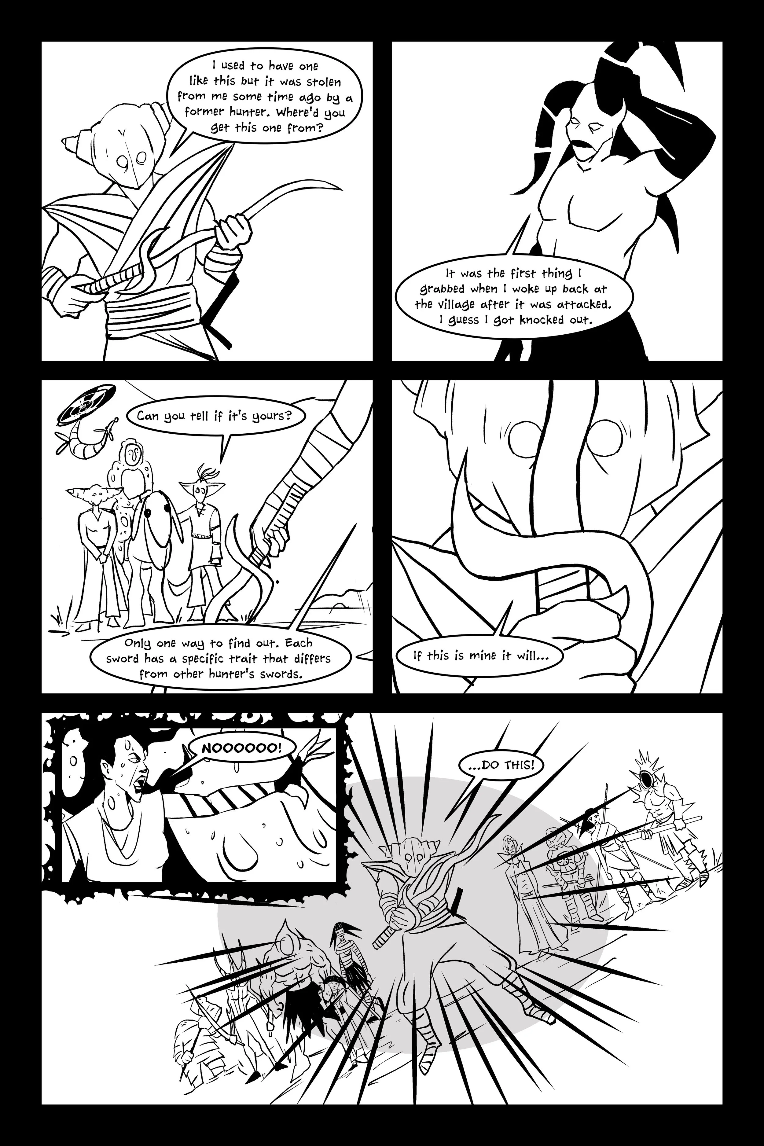 Black and white comic strip featuring several fantasy characters, including a character with a sword, an elf, and a creature with tentacle-like features, engaging in a conversation about a shared sword, culminating in a battle scene where a character
