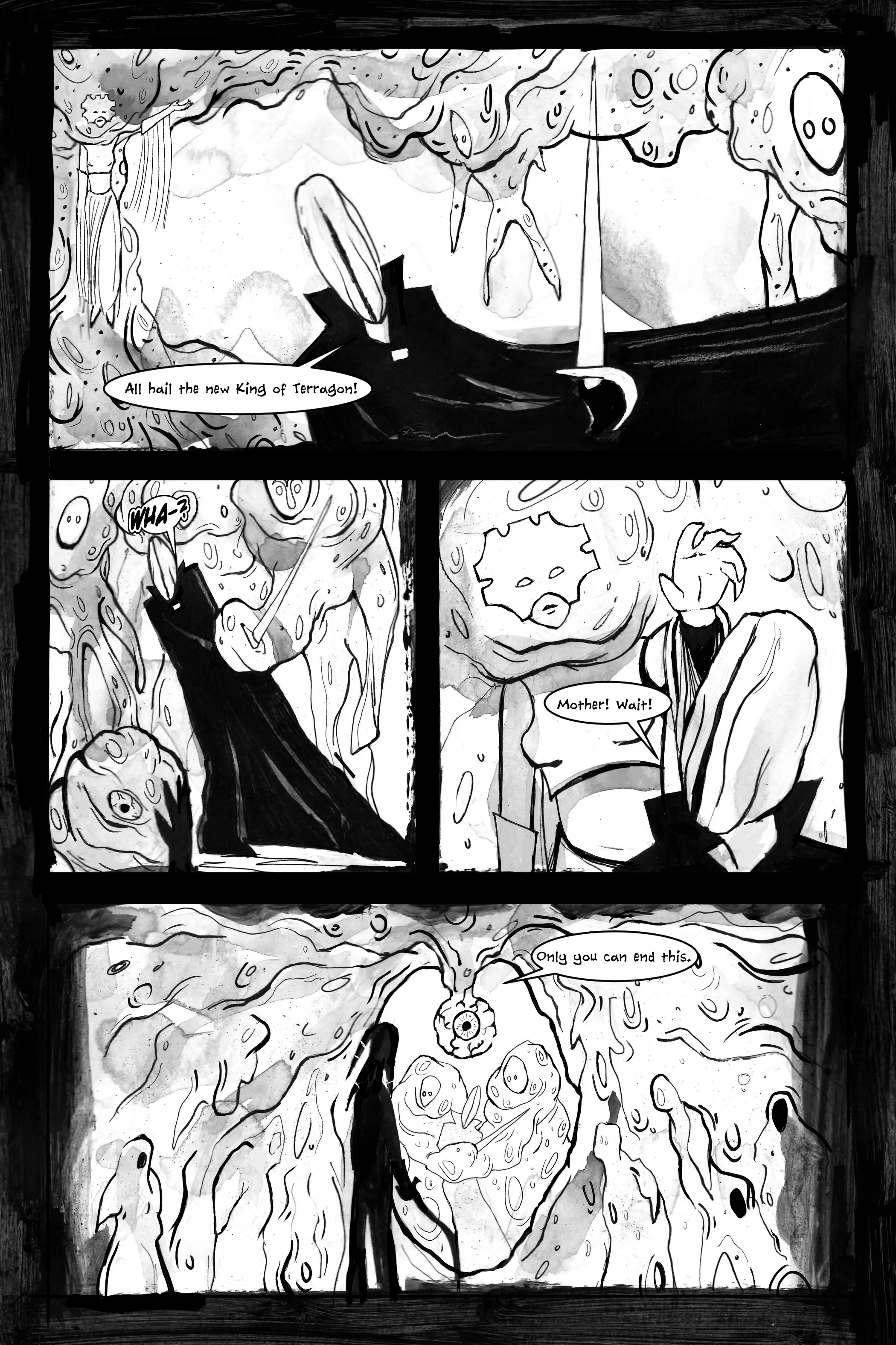 Black and white comic page featuring abstract, organic shapes and creatures. The text includes a character being hailed as the 'new King of Terragon!' and expressions of surprise. Dialogue shows characters speaking about a 'Mother' and a challenge on
