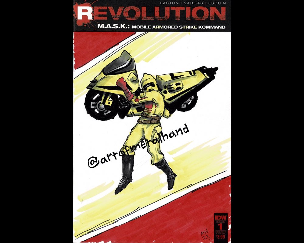 Comic book cover titled 'Revolution' featuring a character in yellow armor holding a large yellow and black motorbike over their shoulders, with a red and black background.