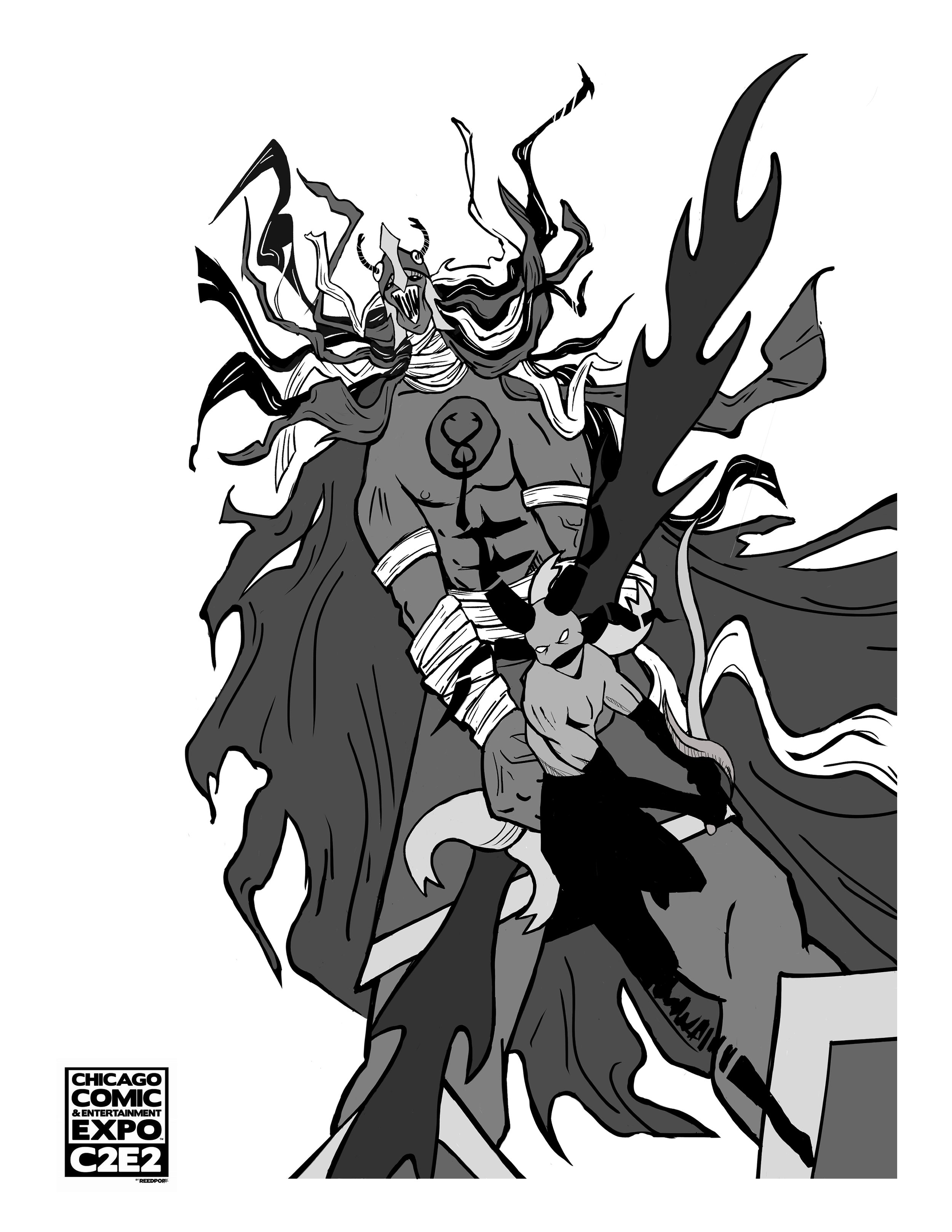 Black and white illustration of a comic book villain with a grotesque face, long wild hair, and a muscular build, holding a large weapon, standing behind a smaller hero with horns, showcasing dynamic action at the Chicago Comic & Entertainment Expo.