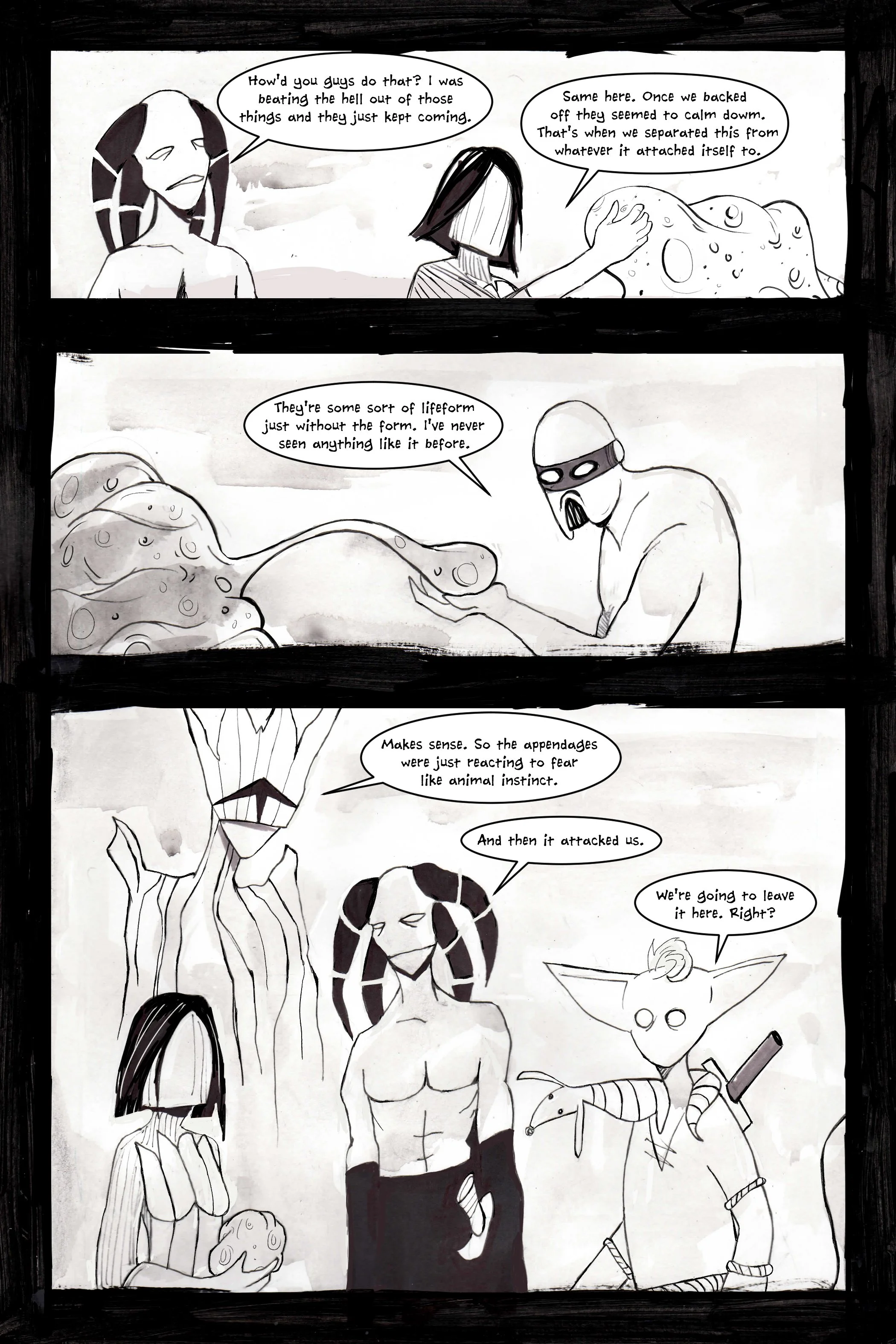 Comic strip with various masked characters discussing a detached, amorphous lifeform. They talk about the creature's behavior and the possibility of leaving it behind."