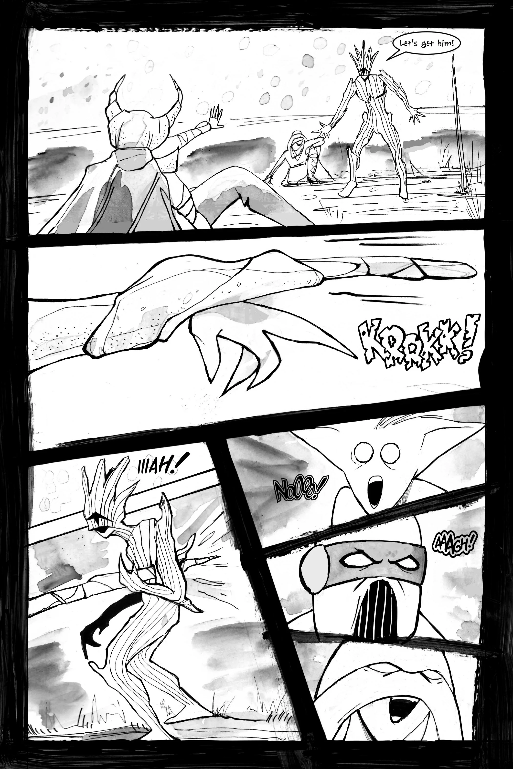 Black and white comic page showing a dramatic scene with armored characters and a tree-like creature, dialogue includes sound effects like "KROKK!", characters express shock with "Nooo!", "IIIAH!", "AAAGH!"