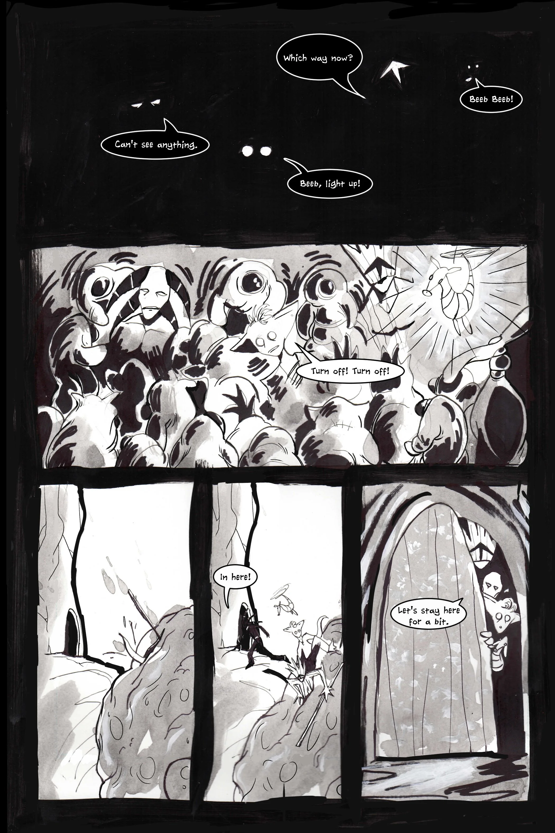 Black and white comic page with four panels showing characters navigating in darkness, turning on a light, and retreating through a door to evade creatures.