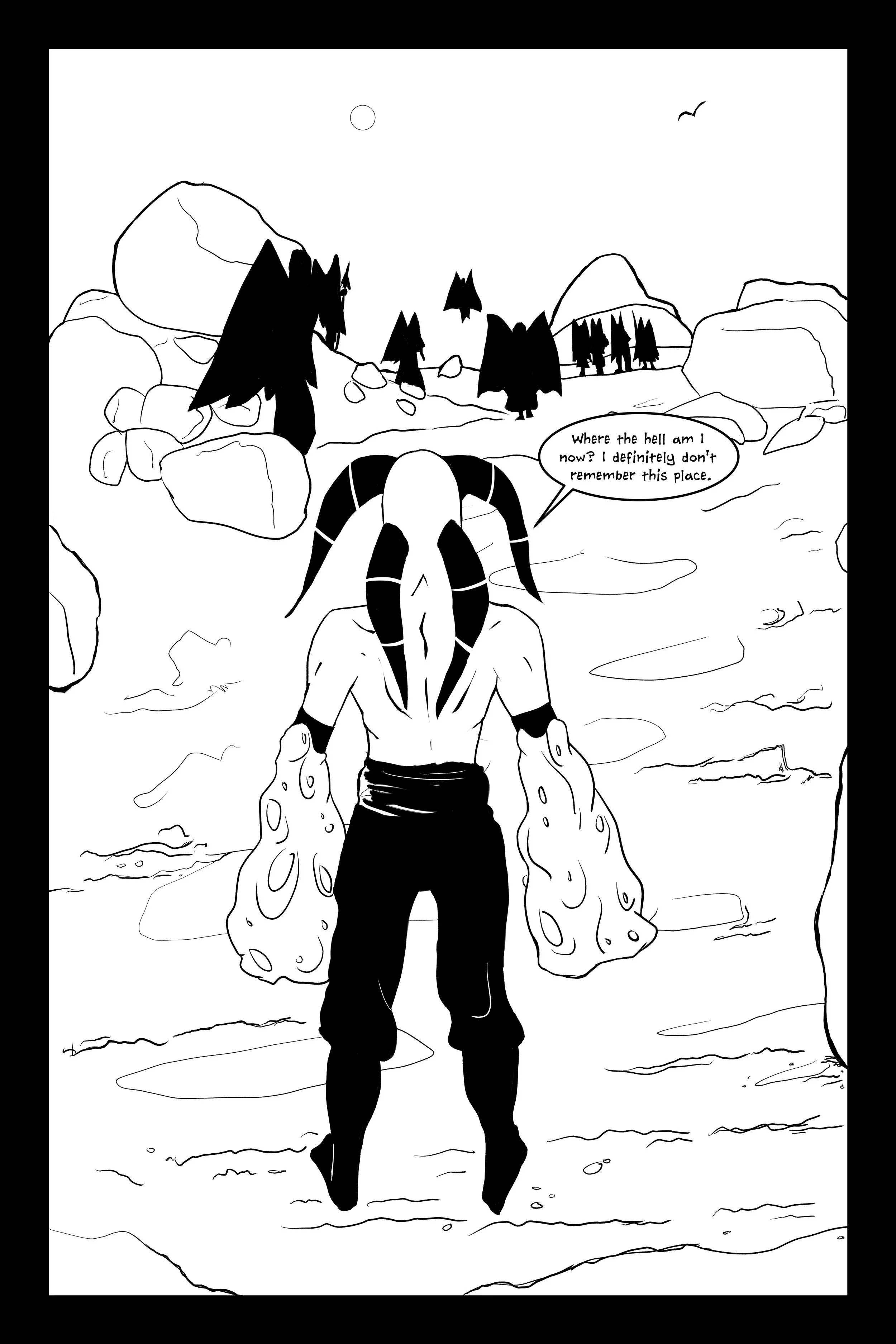 Black and white comic book illustration of a creature with large horns and muscular arms, standing in a rocky landscape, looking confused. The creature has a speech bubble that says, "Where the hell am I now? I definitely don't remember this place." 