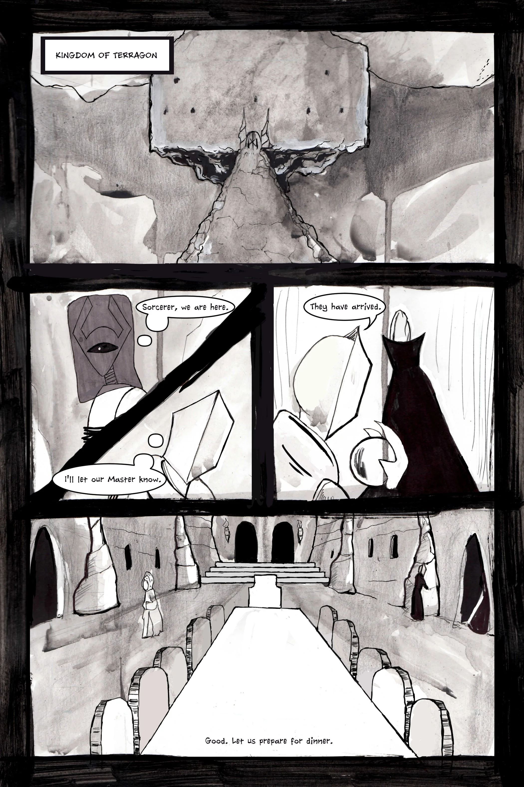 Black and white comic depicting a castle in "Kingdom of Terragon." Characters discuss notifying their master of arrivals and preparing for dinner.
