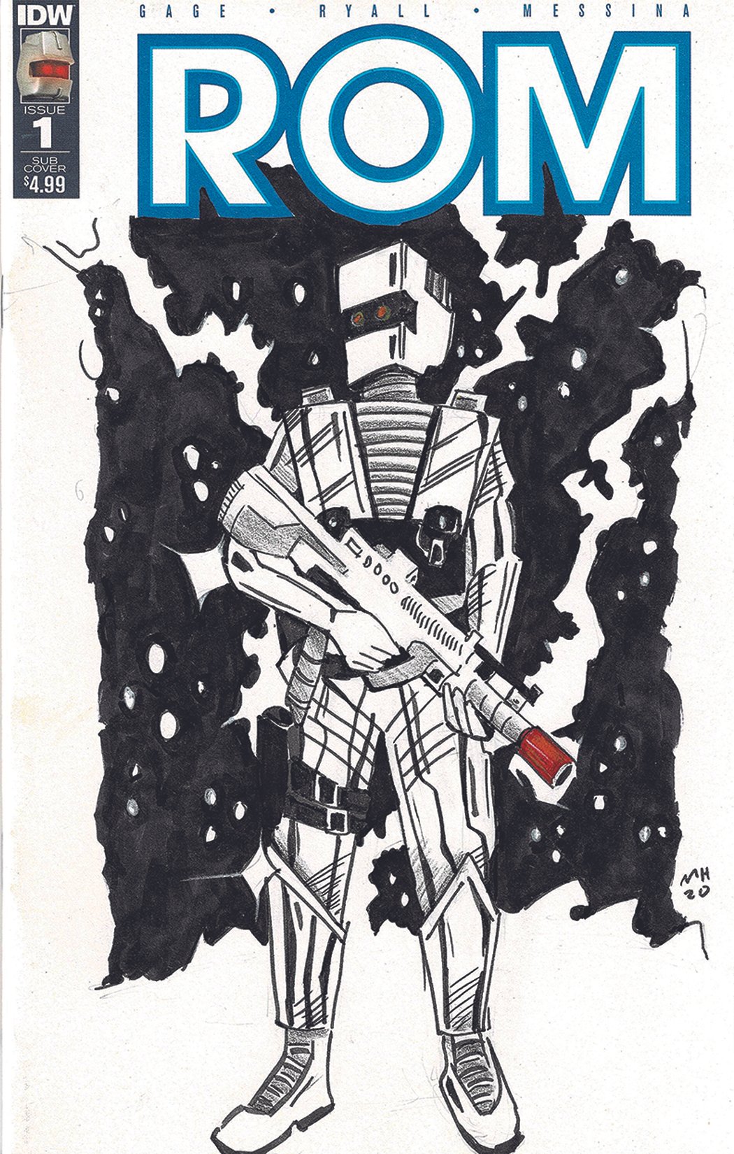 Comic book cover with the title 'ROM' in large blue letters at the top, featuring a robot soldier holding a large futuristic rifle and standing in front of a dark, abstract background.