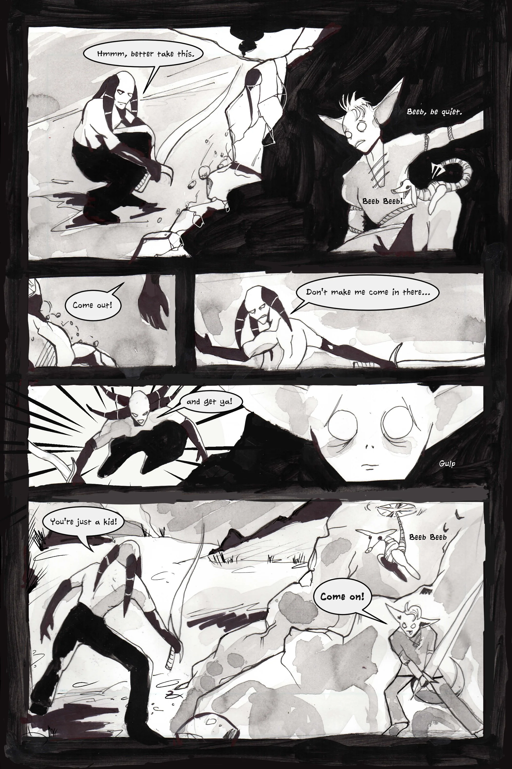 Black and white comic page featuring two characters. One character with dark hair and gloves is crouching over a fallen figure, speaking into a speech bubble. The other character, with pointed ears and a tail, is hiding and speaking. The scene convey