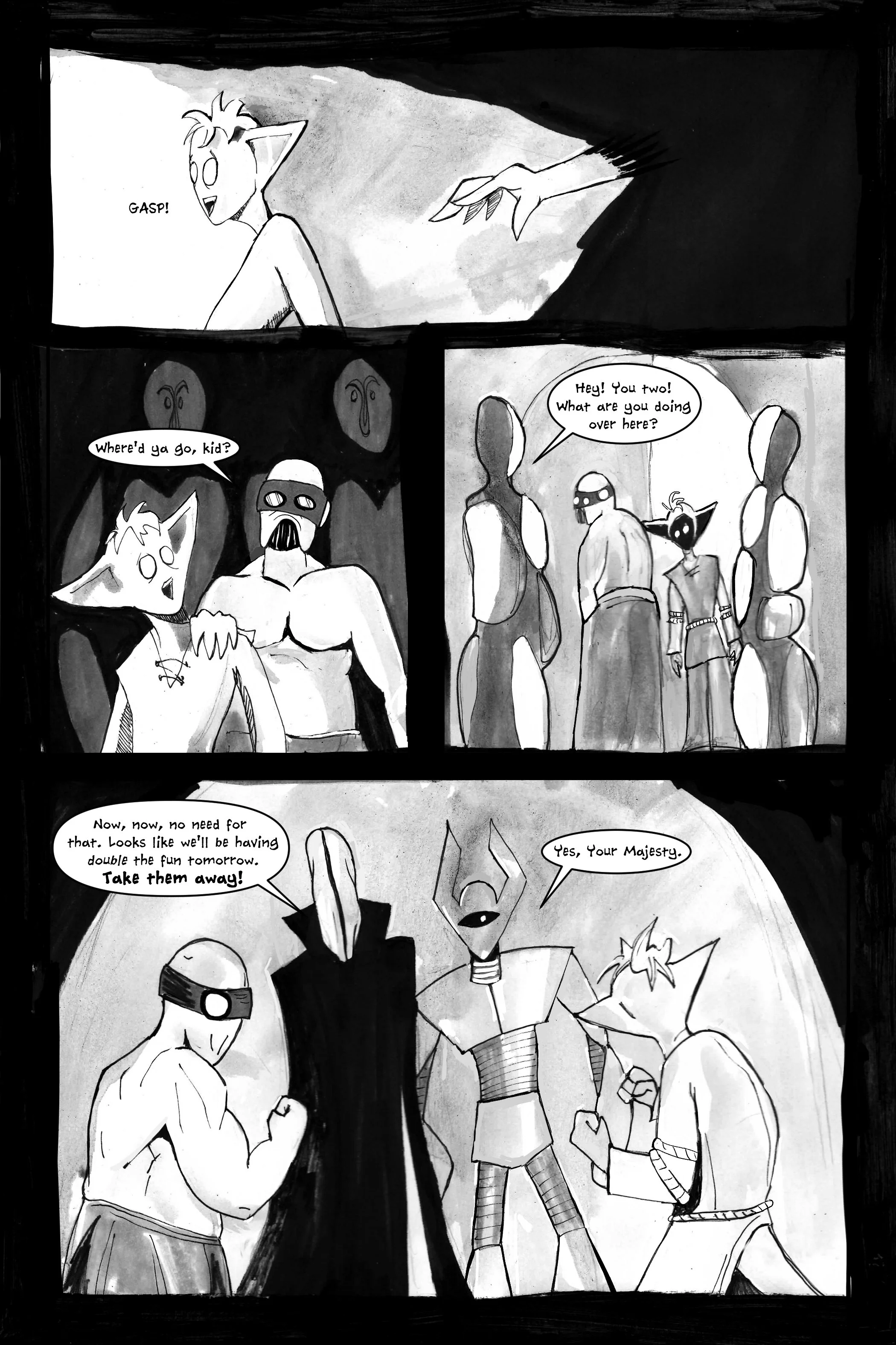 Black and white comic panel showing a character gasping in surprise, interacting with a masked figure. Another scene shows two figures confronting them, with one commanding to "Take them away," as another character acknowledges by saying, "Yes, Your 