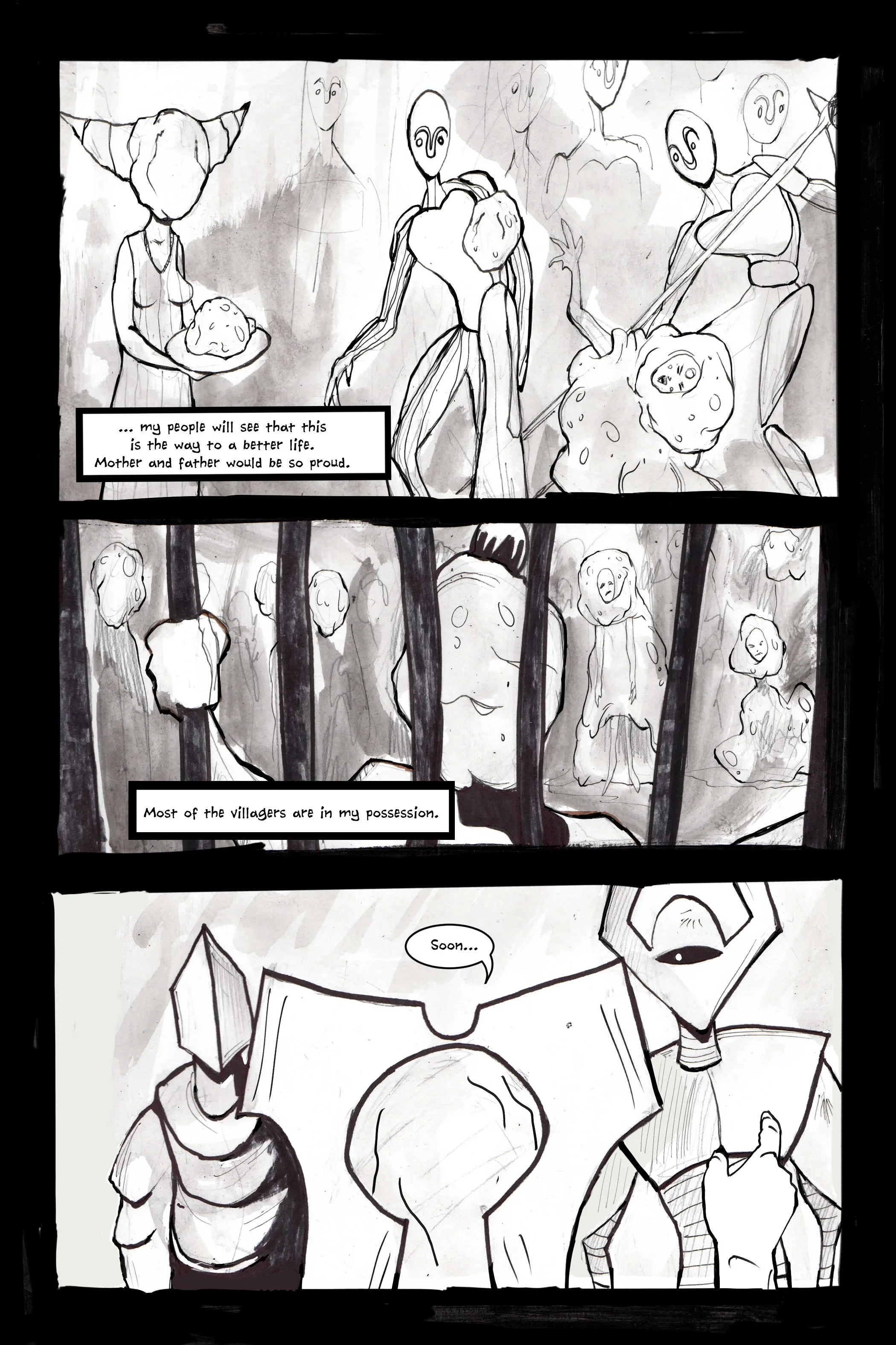 Monochrome comic page with surreal humanoid characters, some holding and surrounding round objects with faces, and figures standing behind bars. Text reads: "...my people will see that this is the way to a better life. Mother and father would be so p
