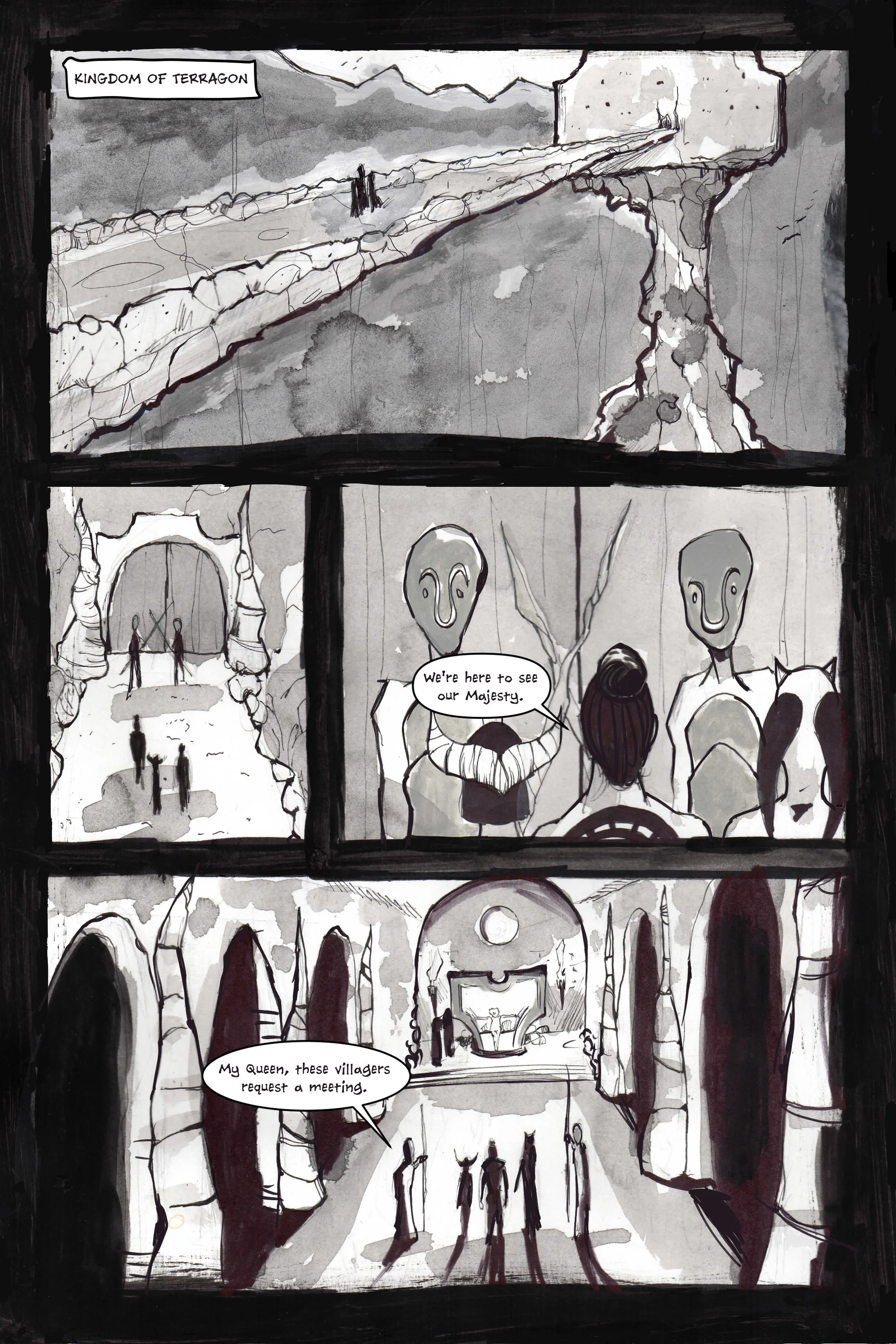 Comic page illustration in grayscale, depicting a kingdom named Terragon. The first panel shows two figures walking towards a distant castle. The second panel shows people approaching a gate, one saying, "We're here to see our Majesty." The third pan