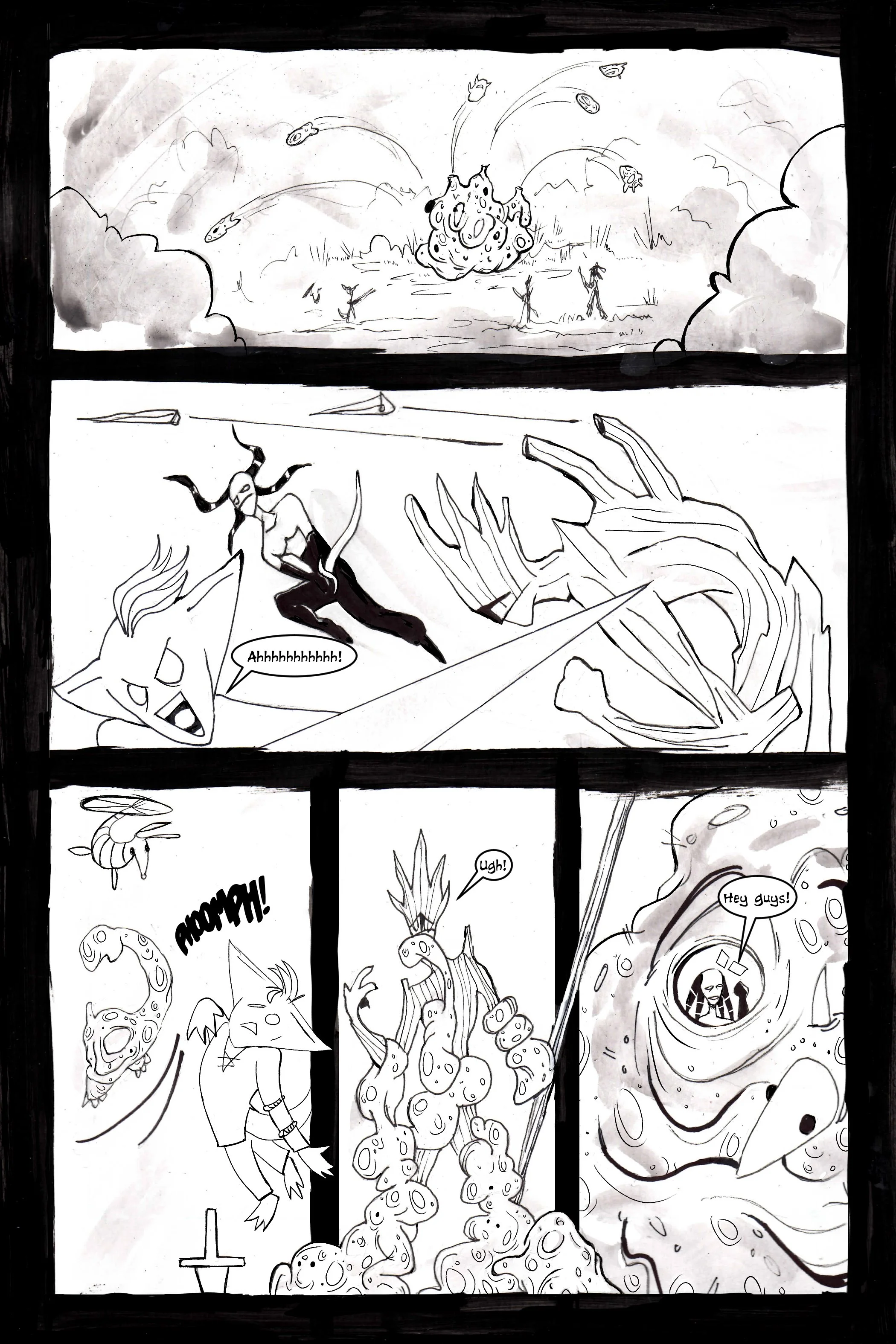 Black-and-white comic page showing various scenes of fantasy creatures interacting. The top panel depicts a chaotic scene with creatures and explosions. The middle panel features a character with horns riding an unusual, skeletal creature. The bottom