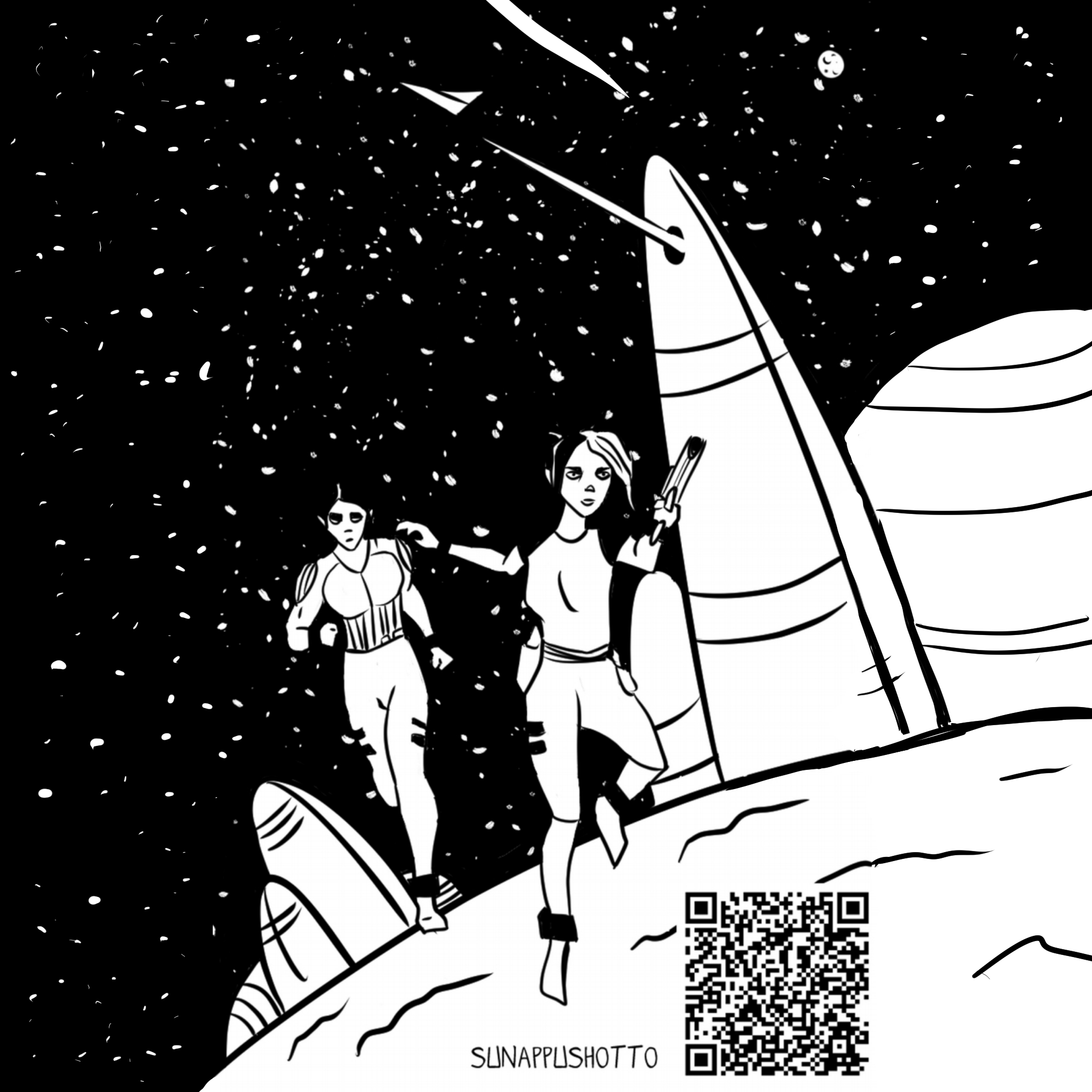 Two women in space suits on a spaceship, with one holding a book or tablet, standing on the surface of a planet or moon, with stars and a celestial body in the background.