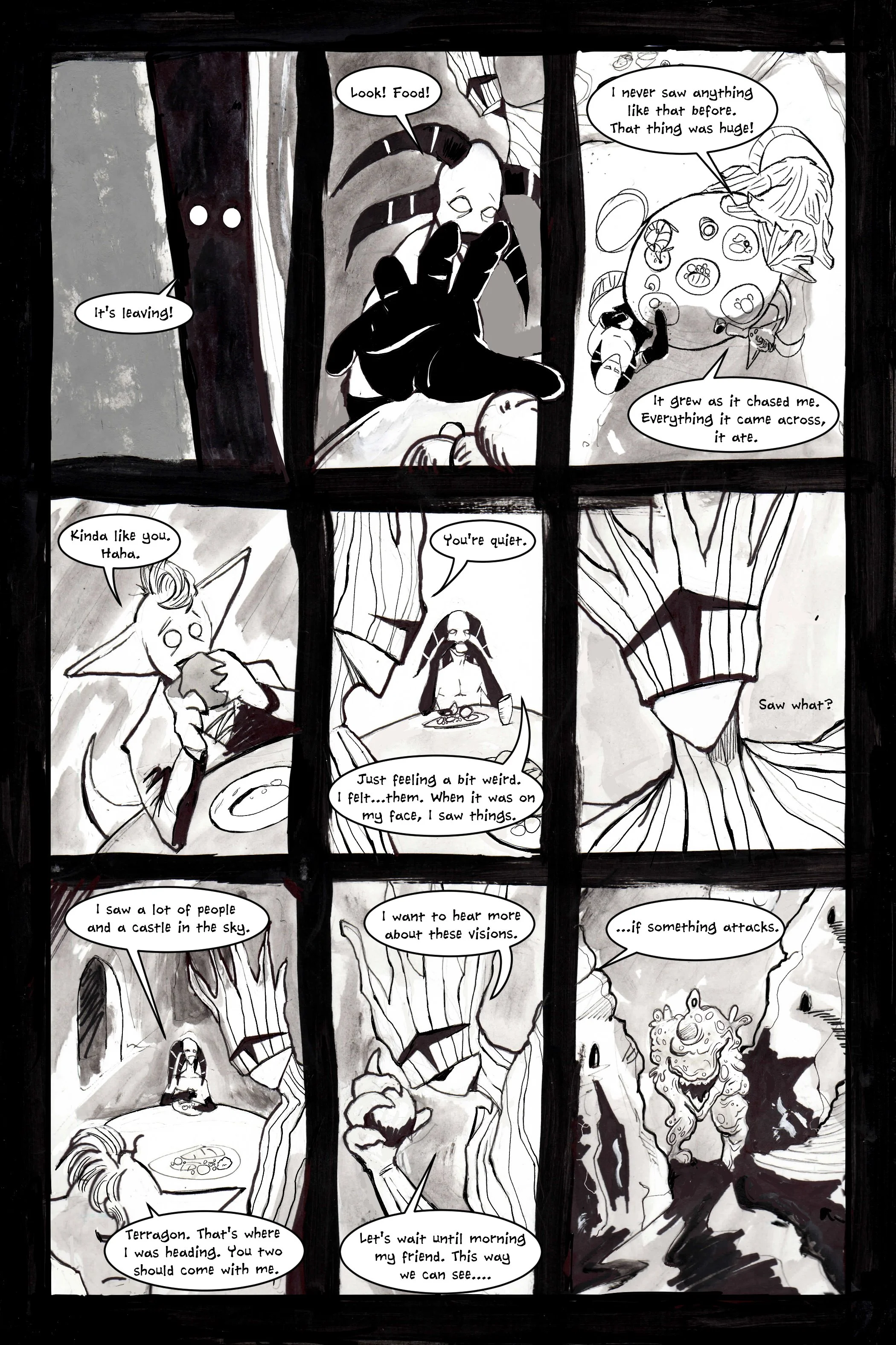 A black and white comic strip with nine panels, featuring characters talking about a mysterious creature and visions. Dialogue suggests one character experienced hallucinations and saw a castle in the sky. Another character suggests waiting until mor