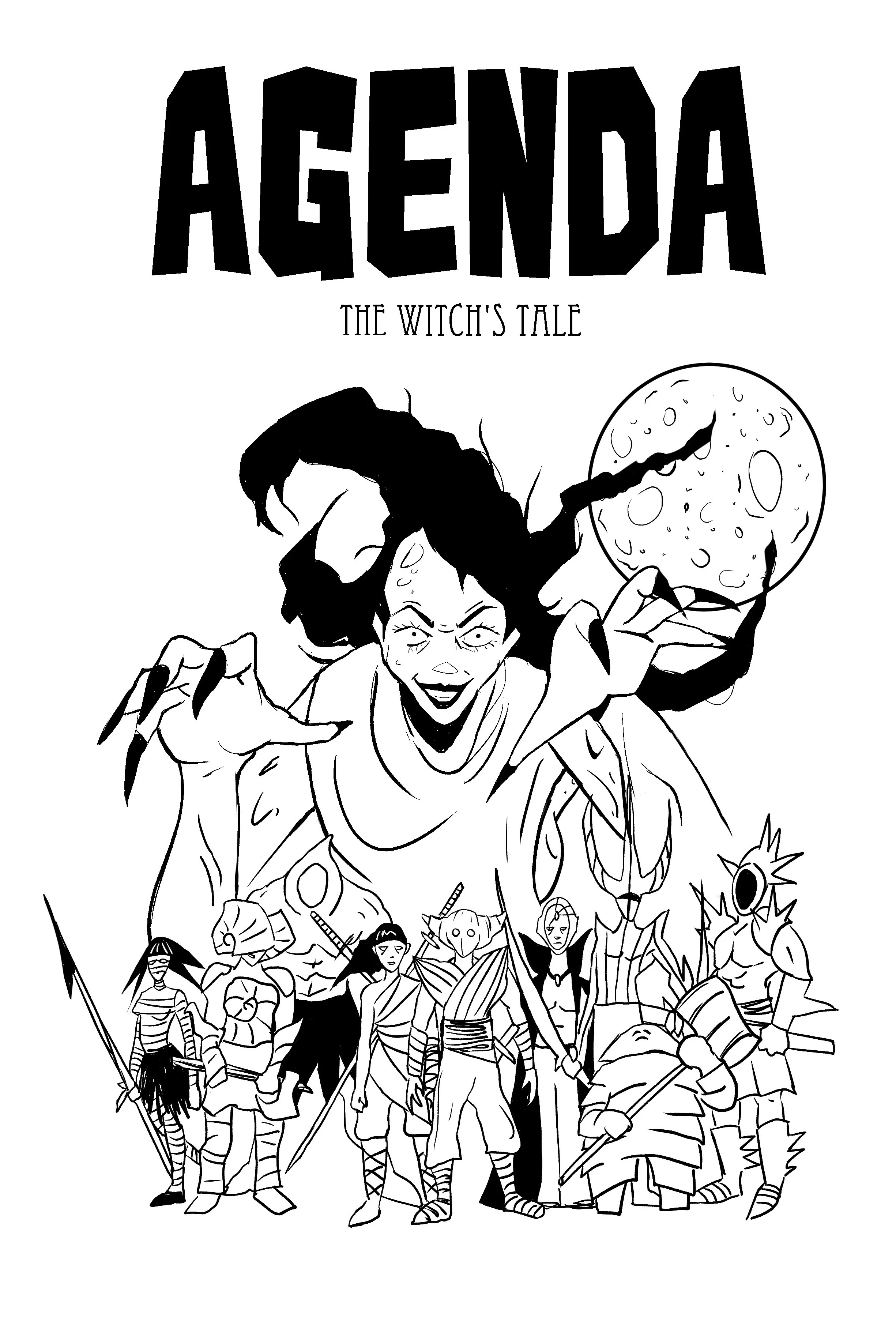 Black and white illustration of a witch with long hair and pointy nails, holding a moon in her hand, surrounded by a group of diverse fantasy characters including warriors, a fairy, and a creature.